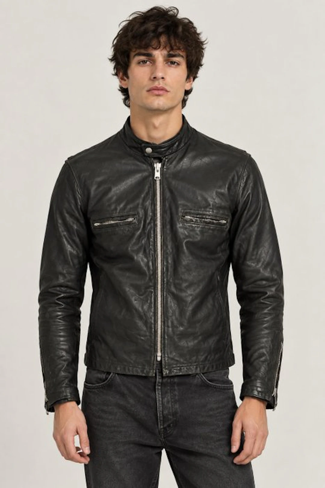 1960 Biker Full Black Leather Jacket - TALON Zip - Leather jacket - Vintage