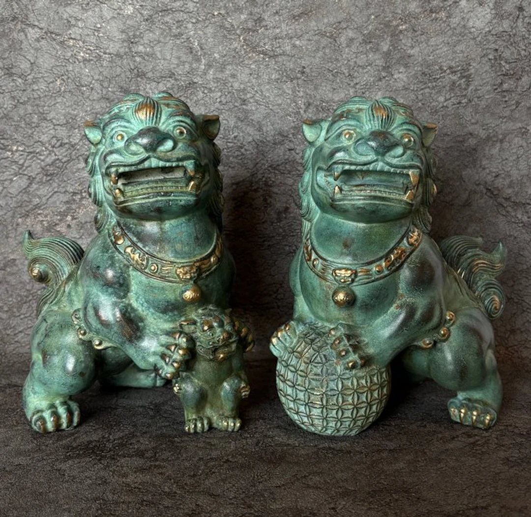 Statue, Exclusieve Chinese set foo dogs - 21.5 cm - Bronze