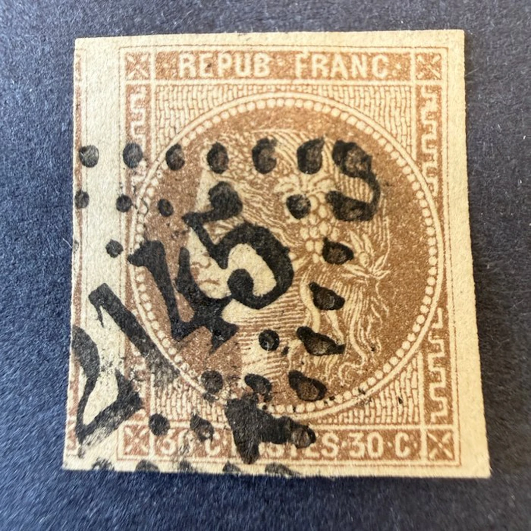 France - Yvert 47 "Bordeaux 30c brown" enormous margins on a canceled stamp