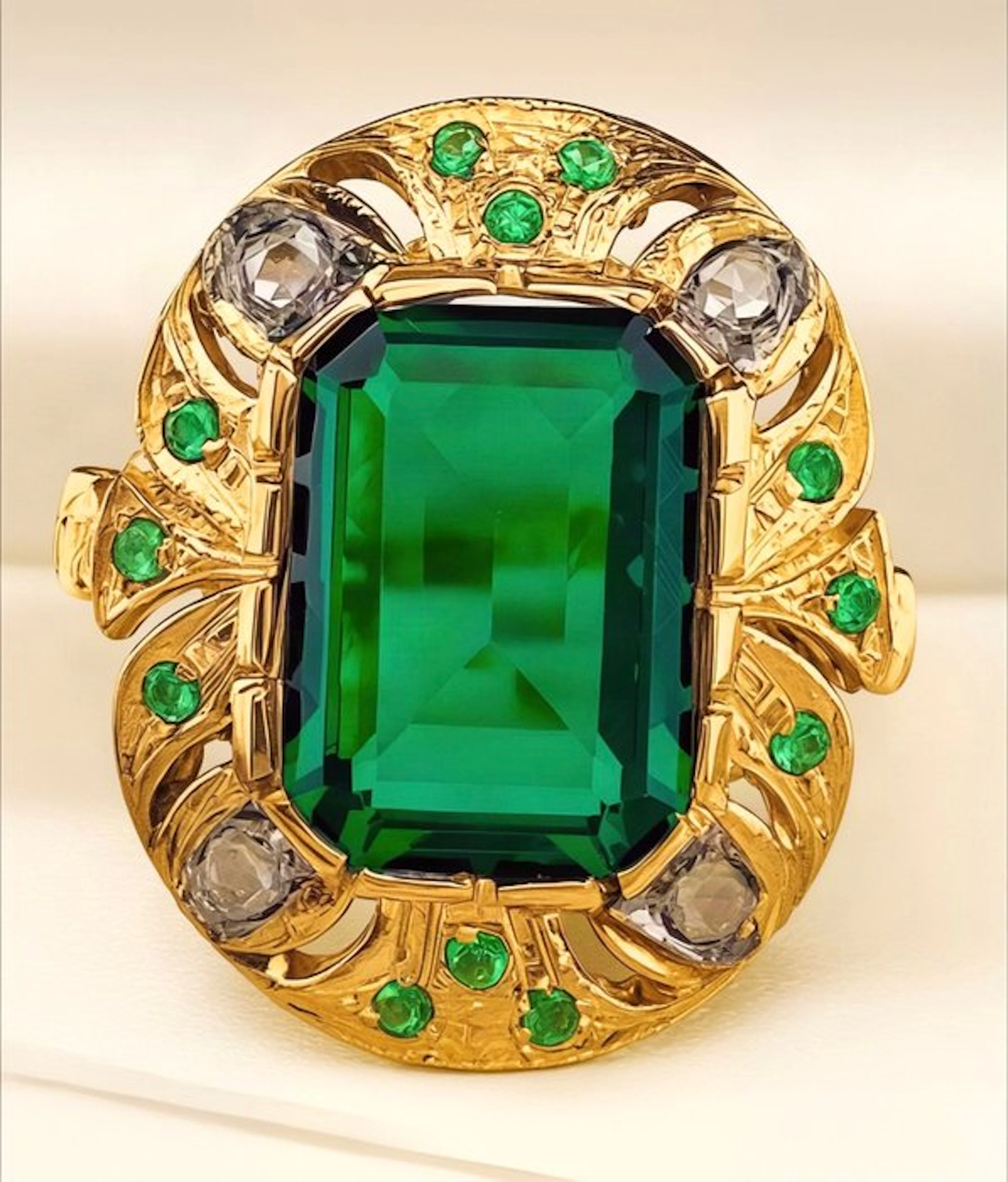 No reserve price - Ring - 9 kt. Yellow gold, Silver Emerald - Diamond