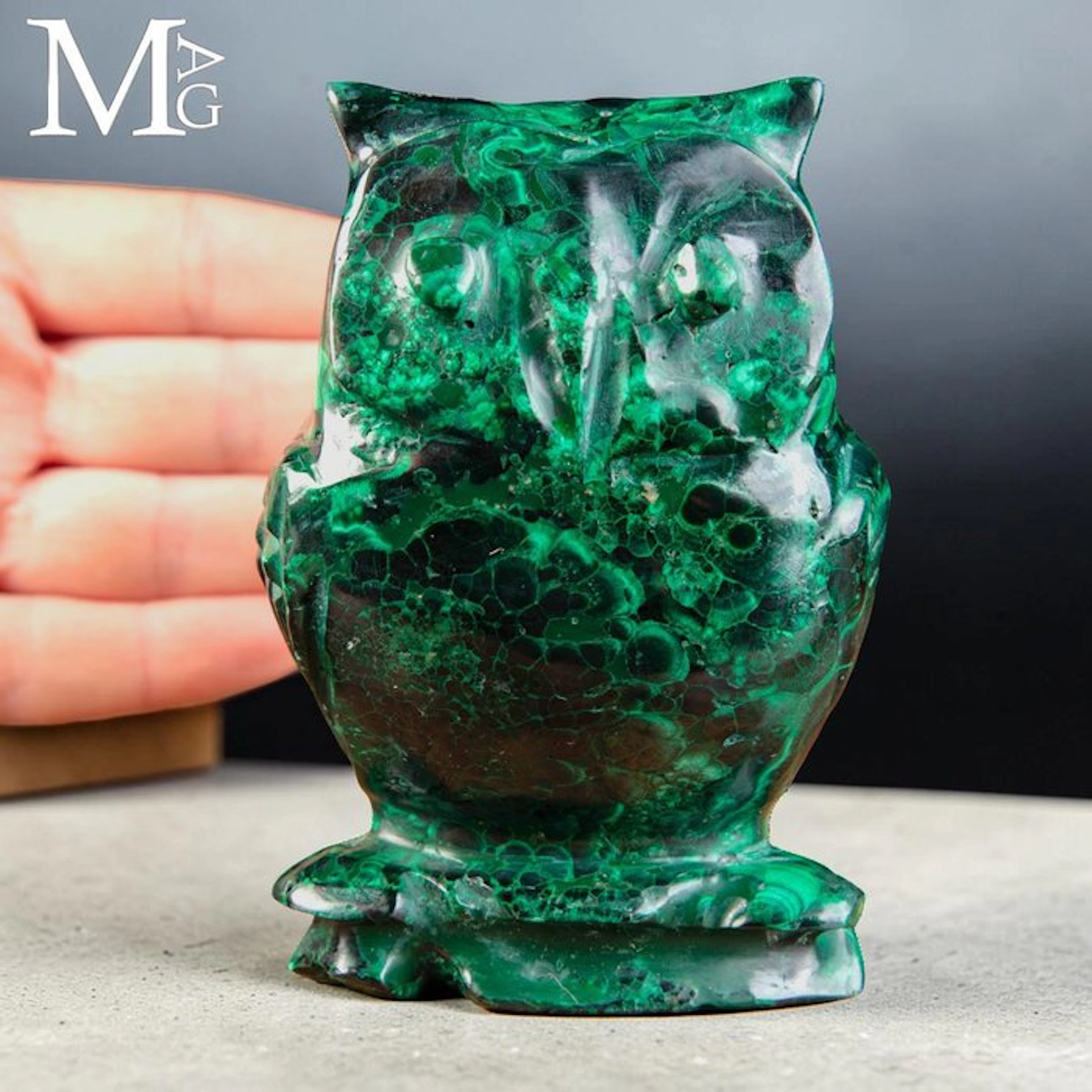 Natural Malachite Owl from Congo - Hand Carved Mineral...