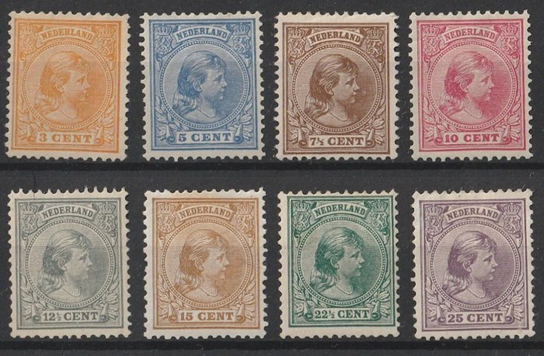 Netherlands 1891 - Wilhelmina "hanging hair" - Nvph 34 t/m 39 en 41 en 42