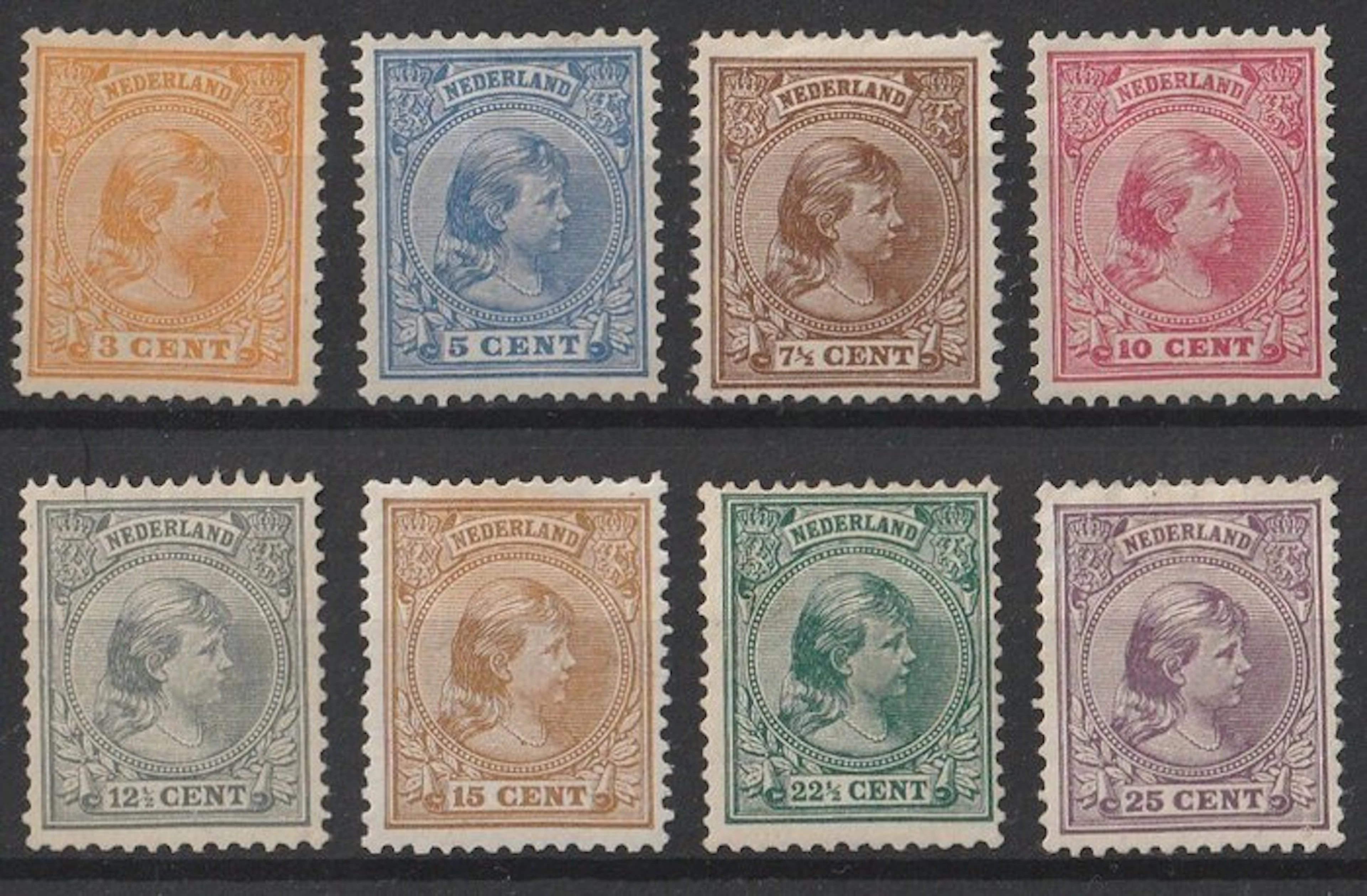 Netherlands 1891 - Wilhelmina "hang­ing hair" - Nvph 34 t/m 39 en 41 en 42