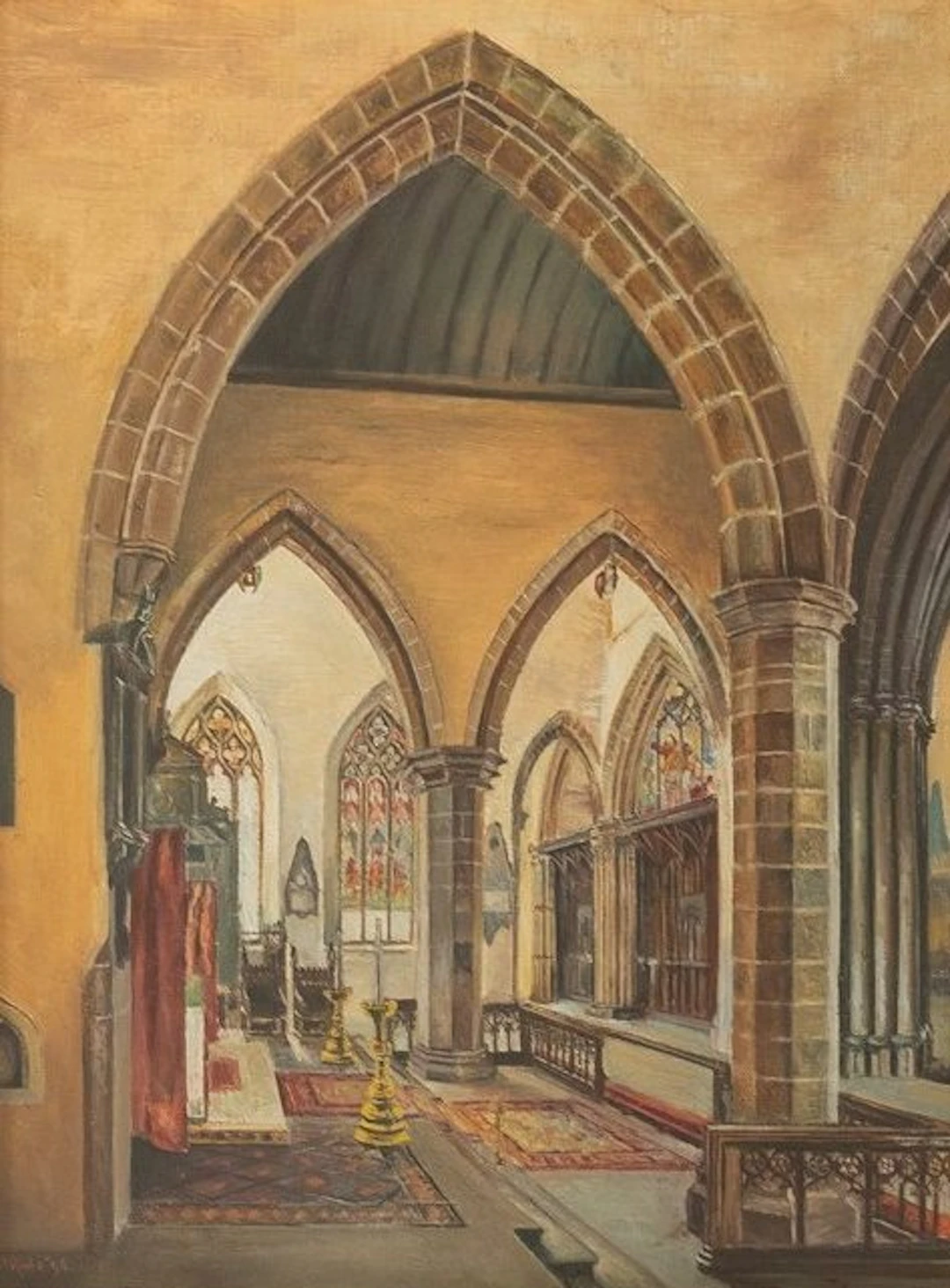 European school (XIX-XX), signed "H. Ryde" - Gothic Church Interior