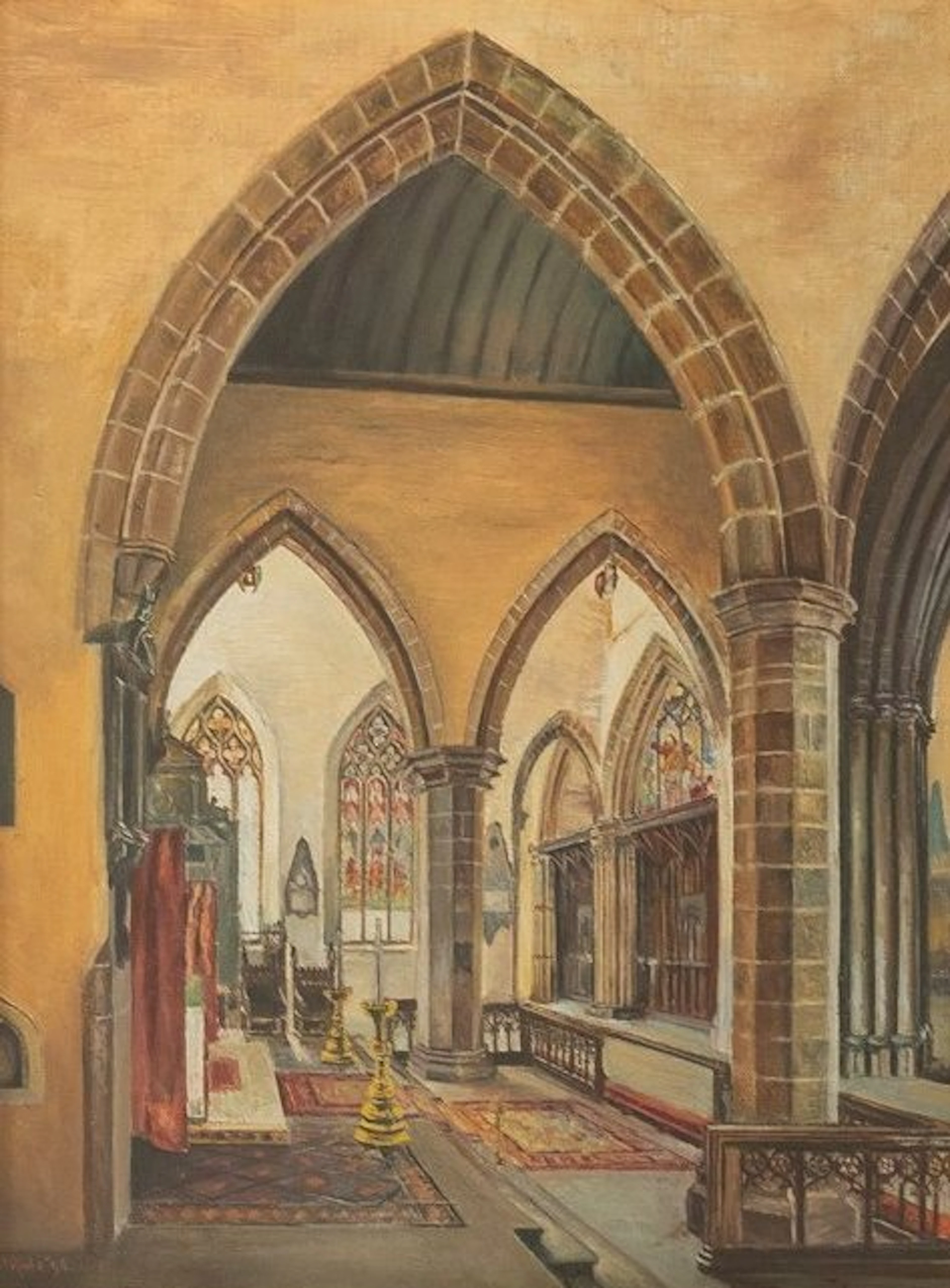 European school (XIX-XX), signed "H. Ryde" - Gothic Church Interior