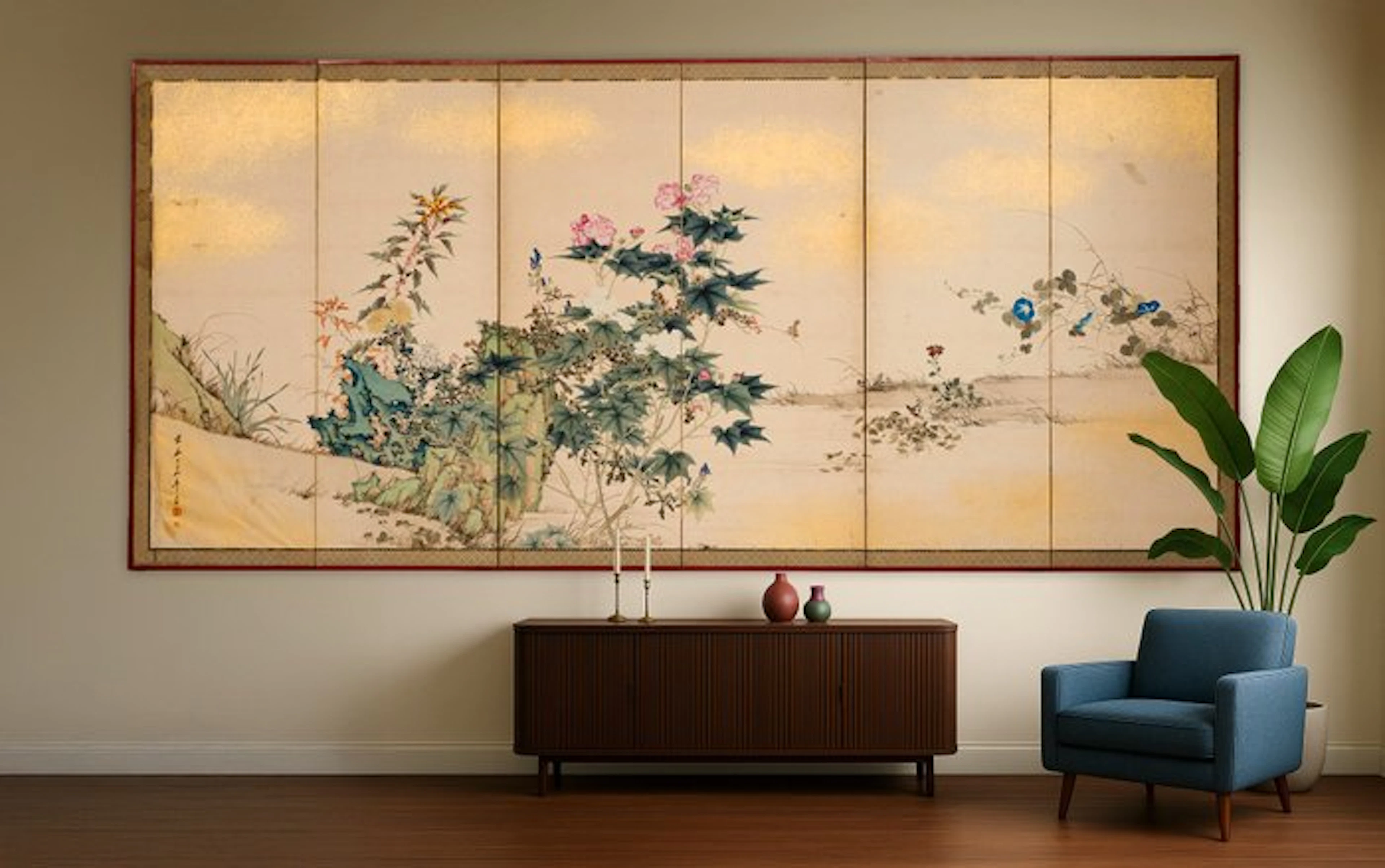 Folding screen with autumn flowers - Lacquered wood