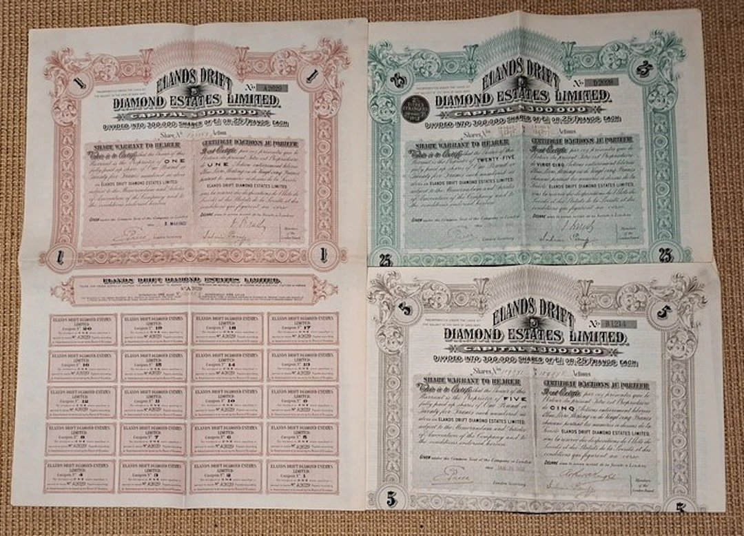 South Africa. 3 X Elands Drift Diamond Estates 1902 (No reserve price)
