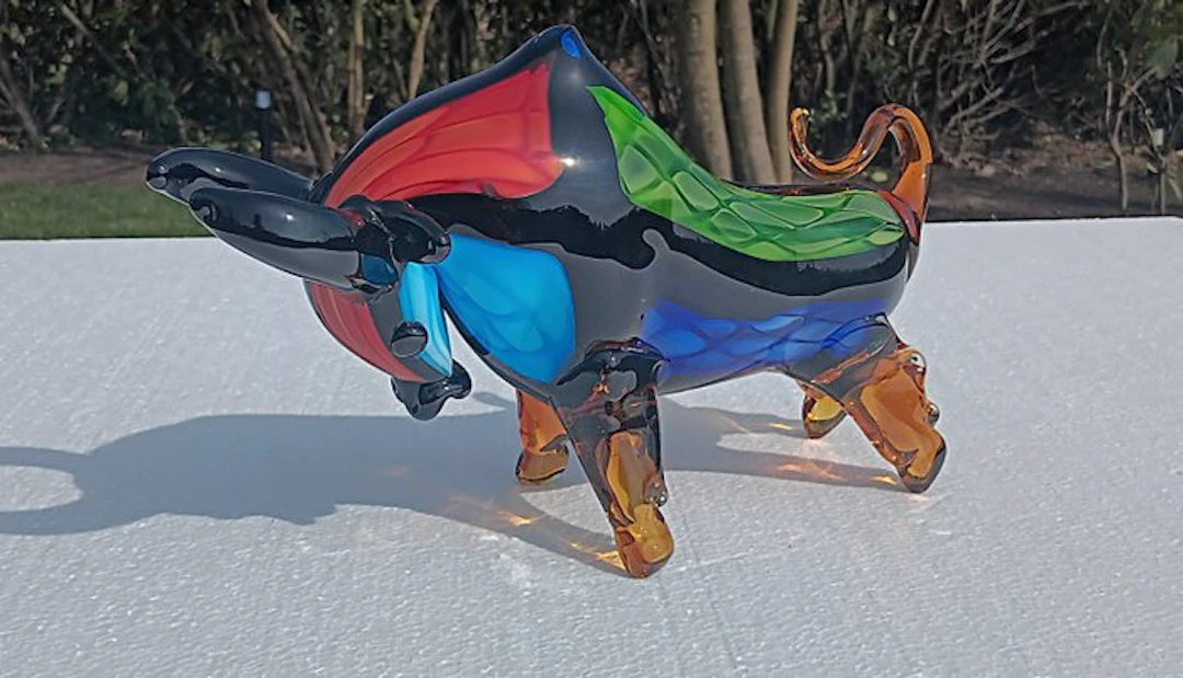Sculpture, murano - mondriaan stijl glazen stier - 19 cm - Glass