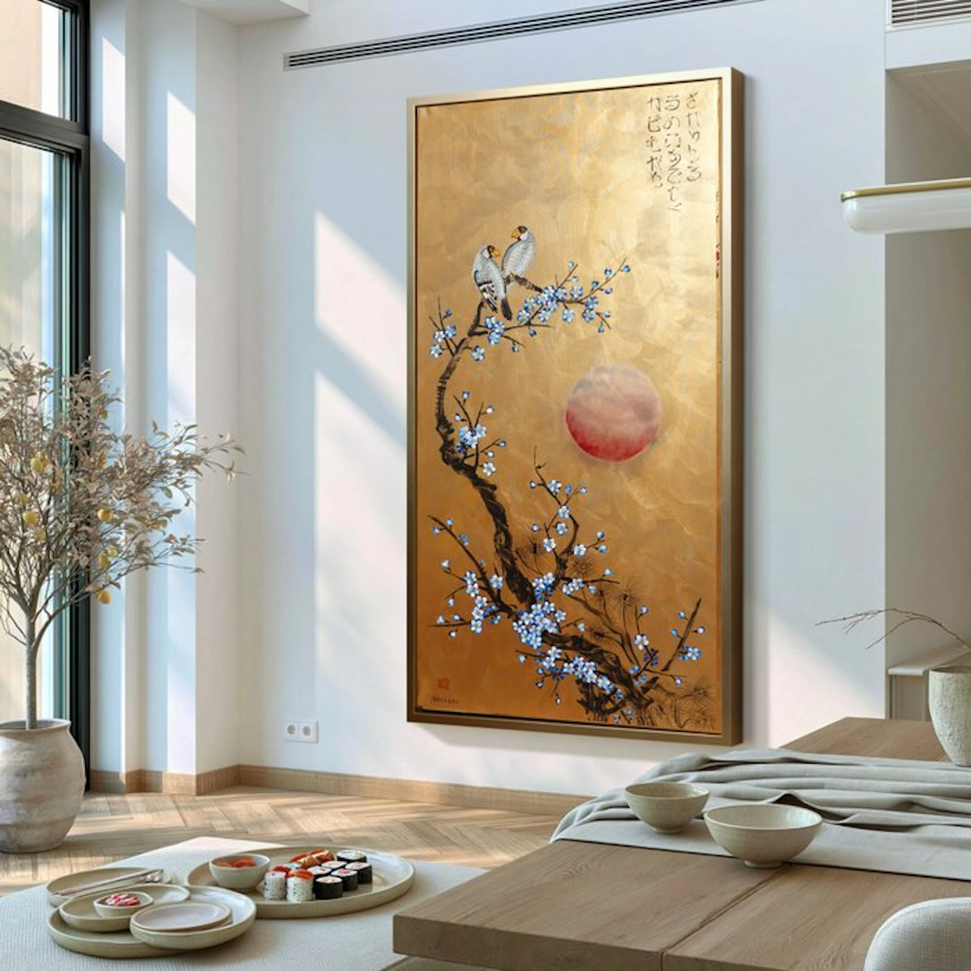 Ksavera - Gold Japanese birds J566 - painting on XXL canvas 210cm
