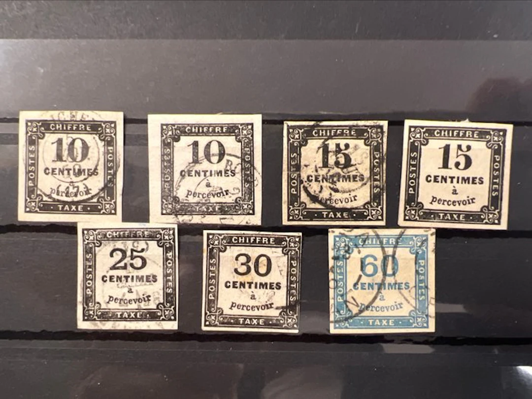 France 1859/1878 - 7 Postage due stamps, 3 signed