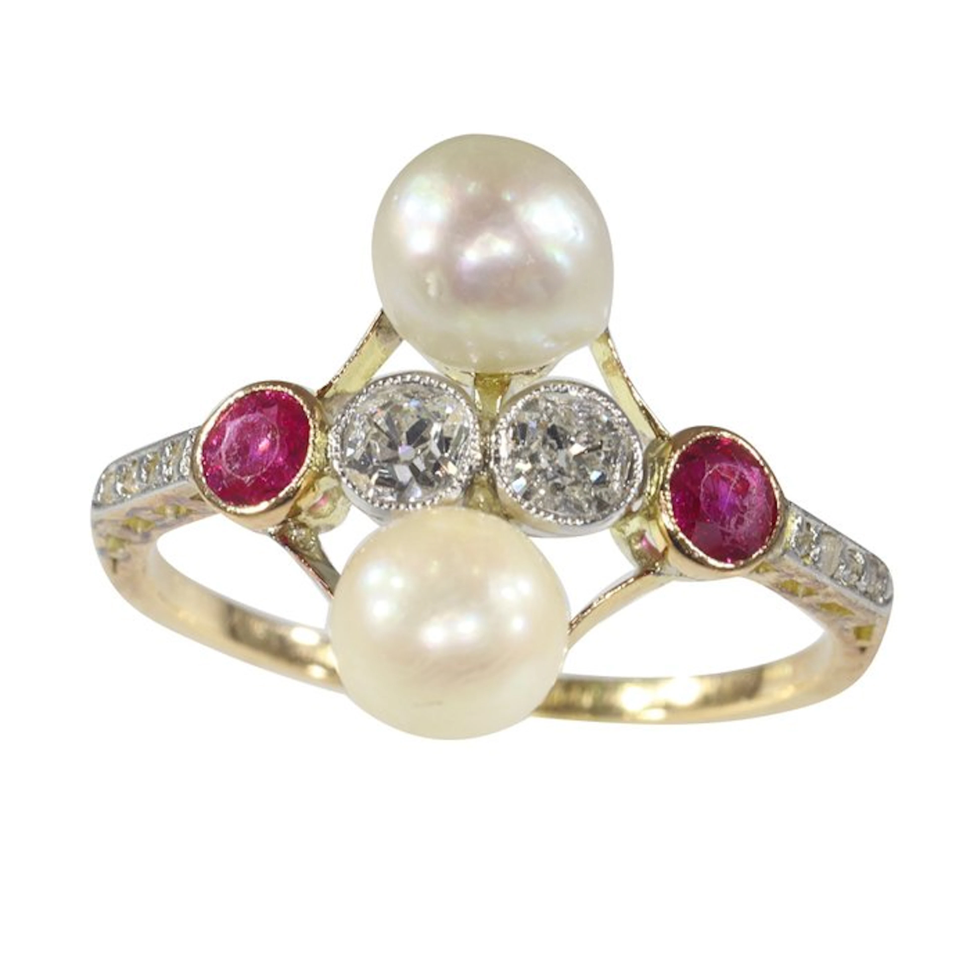 Ring - 18 kt. Yellow gold, White gold - Diamond - Pearl, Ruby Vintage 1920