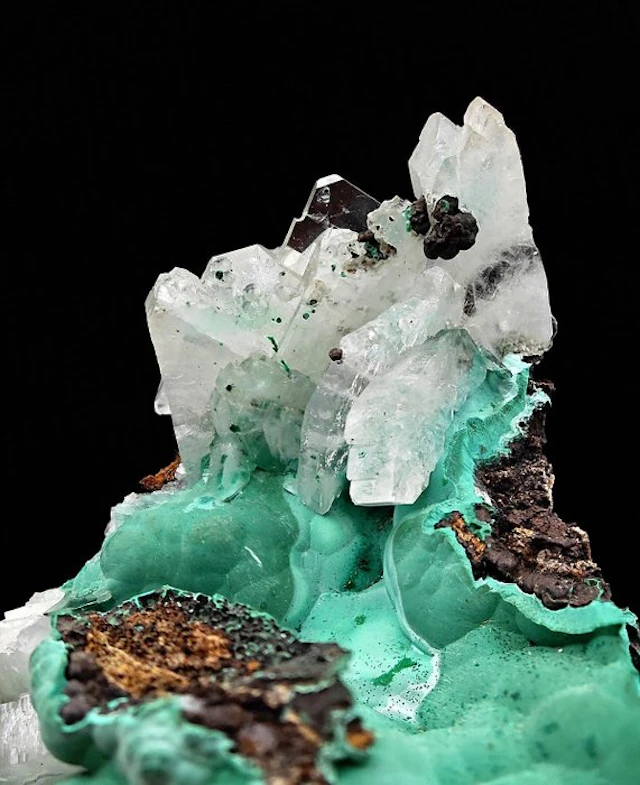 Rare green malachite with white barite