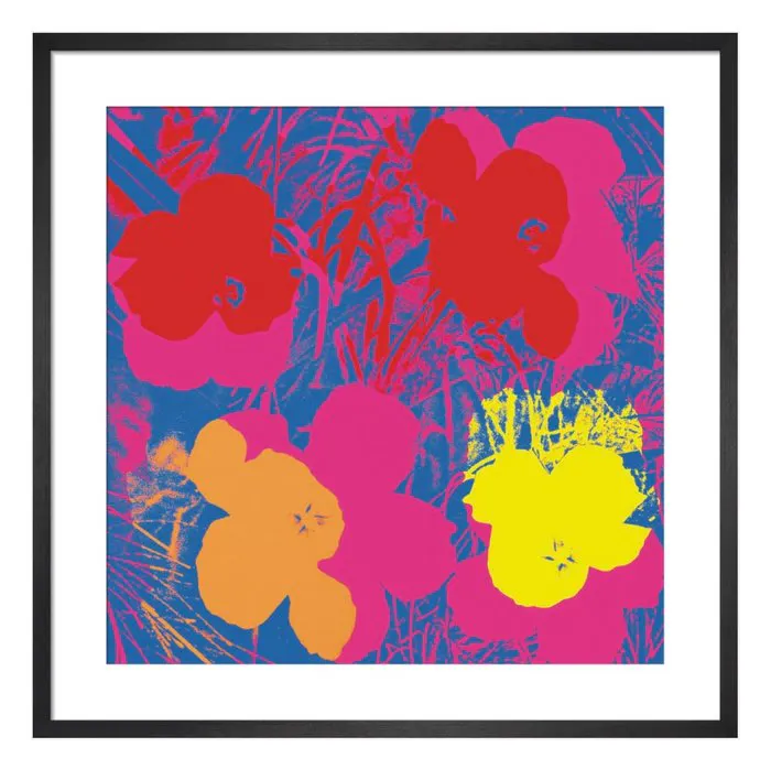 Andy Warhol - “Flowers, 1970 (red, yellow, orange on blue)”.