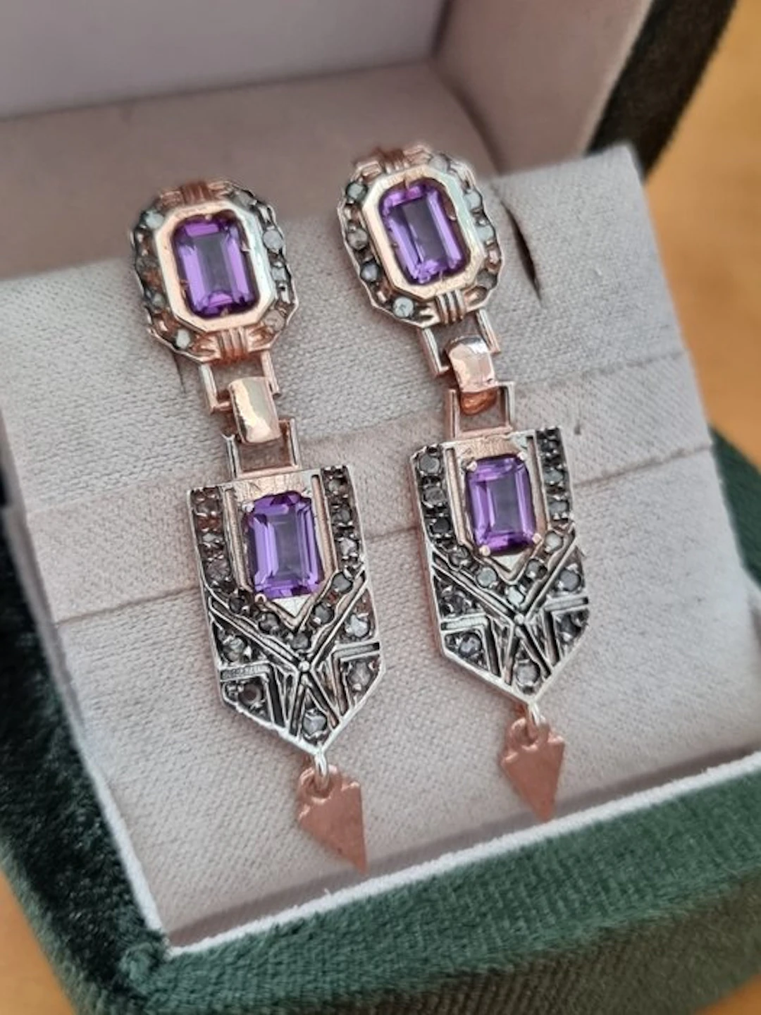 No reserve price - Earrings - 9 kt. Silver, Rose gold Amethyst - Diamond