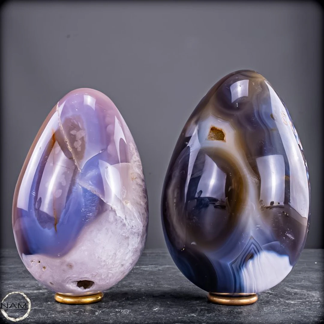 Orca-Achat & Amethyst Egg Set – Two extraordinary Natural artworks