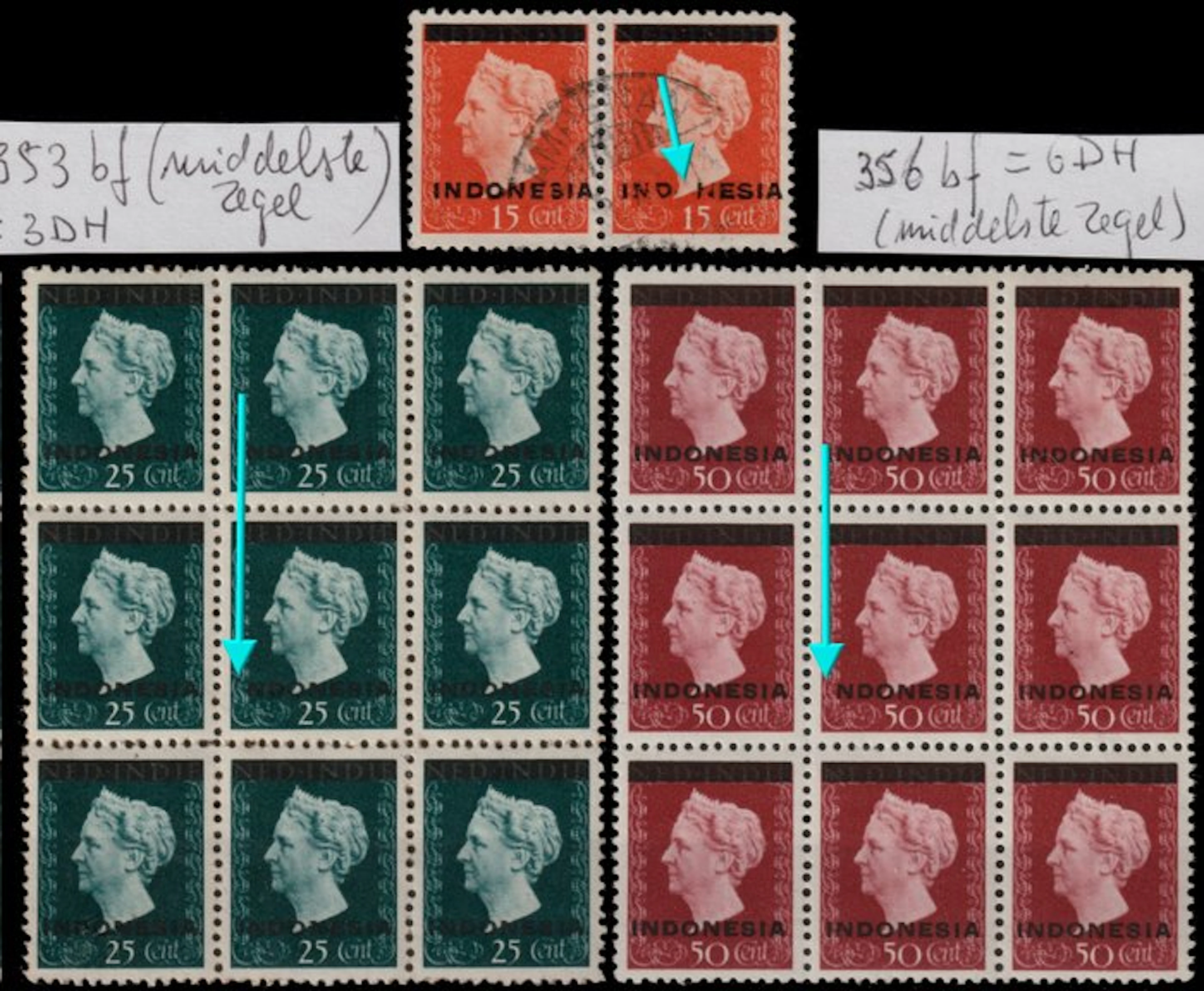Indonesia 1948 - 3 rare overprint errors on the Wilhelmina edition