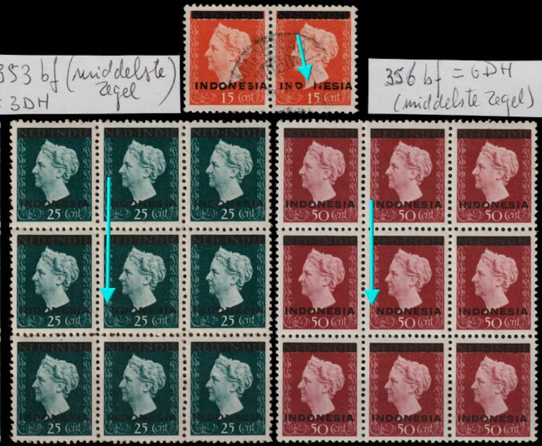 Indonesia 1948 - 3 rare overprint errors on the Wilhelmina edition