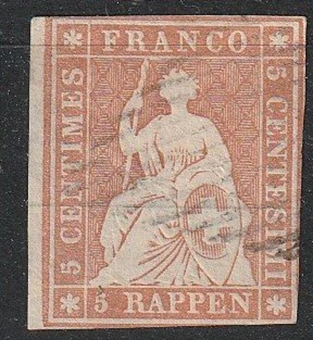 Switzerland 1854 - The 5 rp stamp from the first Strubel series