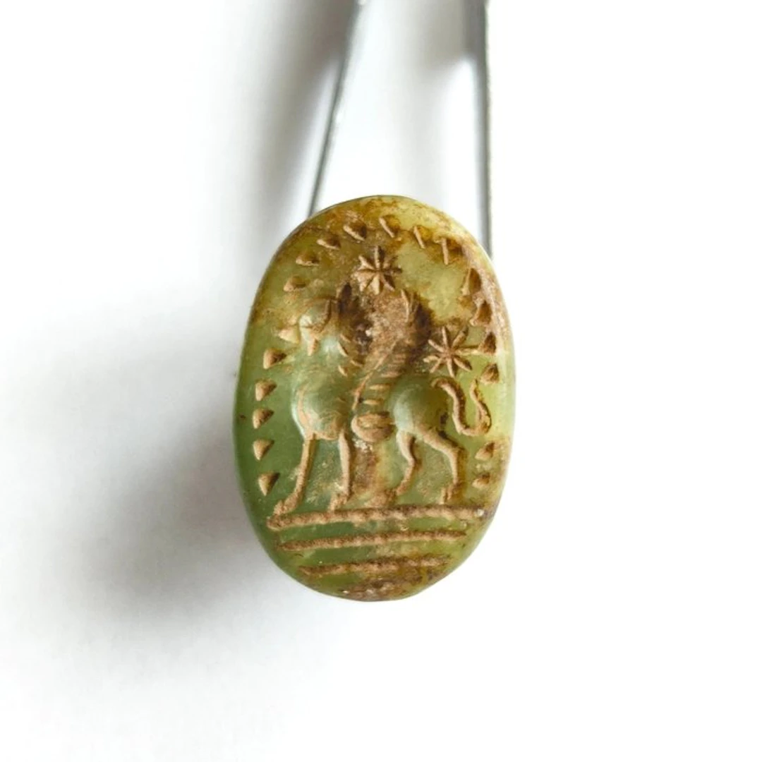 Silk Road, Central Asia Jasper Mythical Winged Lion Bead Seal Talisman - 23 mm