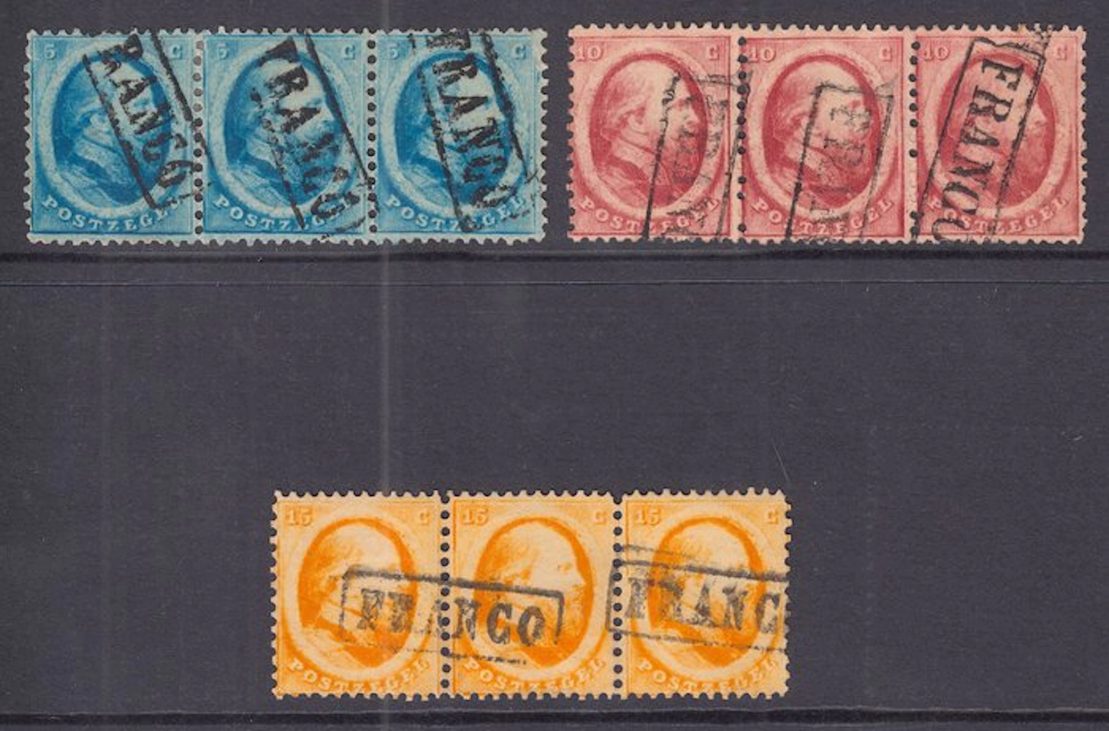 Netherlands 1864 - King William III, in strips of three - NVPH 4/6
