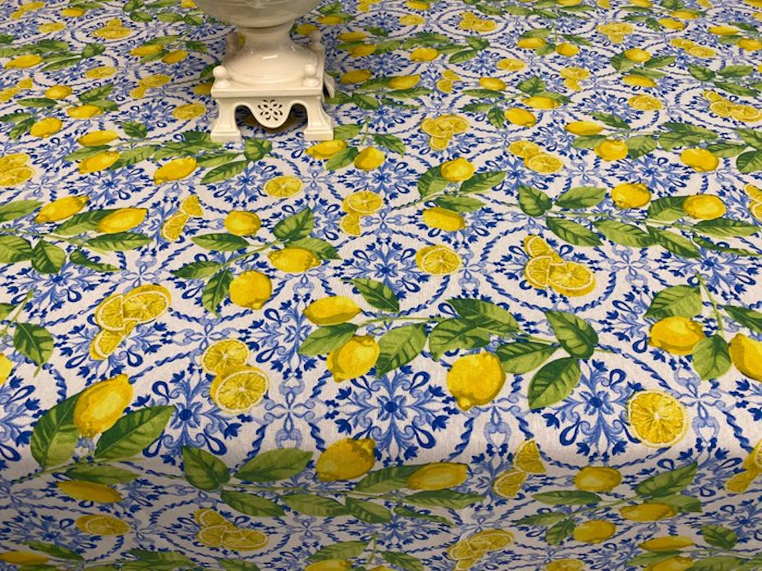 san leucio - Sunny Mediterranean fabric with lemons and turquoise tiles