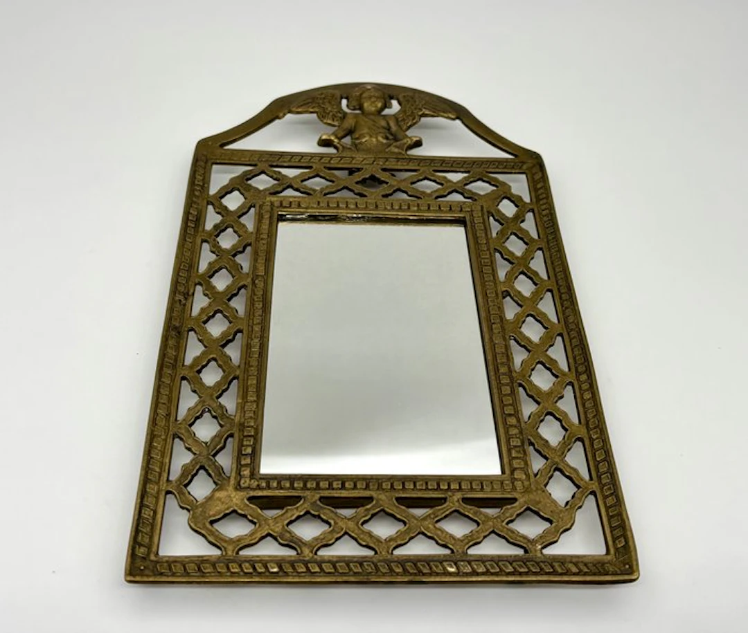 Wall mirror- Antique wall hanging with cherub/angel - No reserve price - Brass
