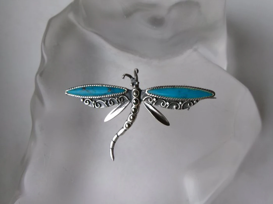 Silver, Turquoise & Marcasites - Brooch - Art Nouveau Style