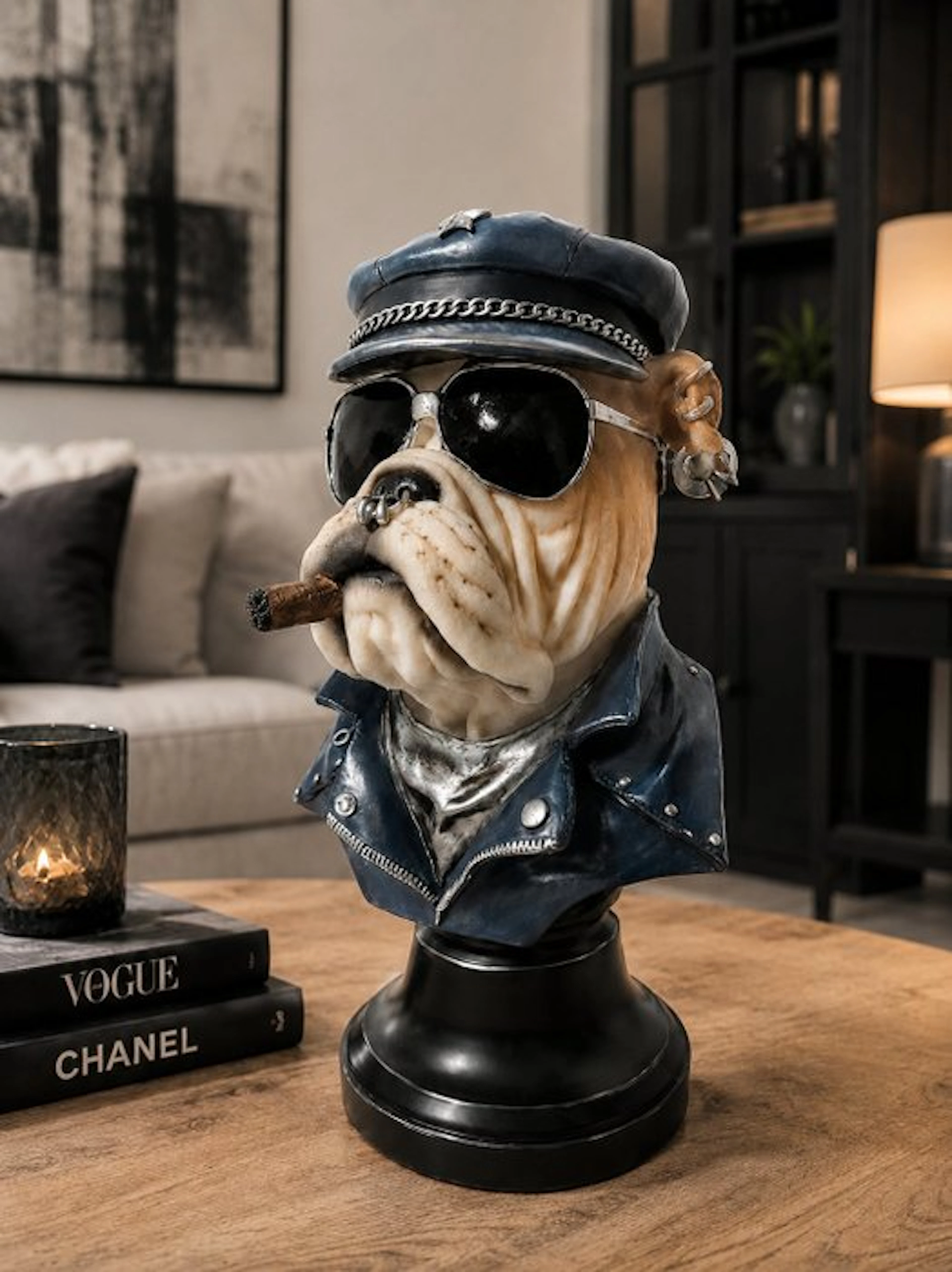 Statue, English bulldog biker blue - 36 cm - high-quality polyresin