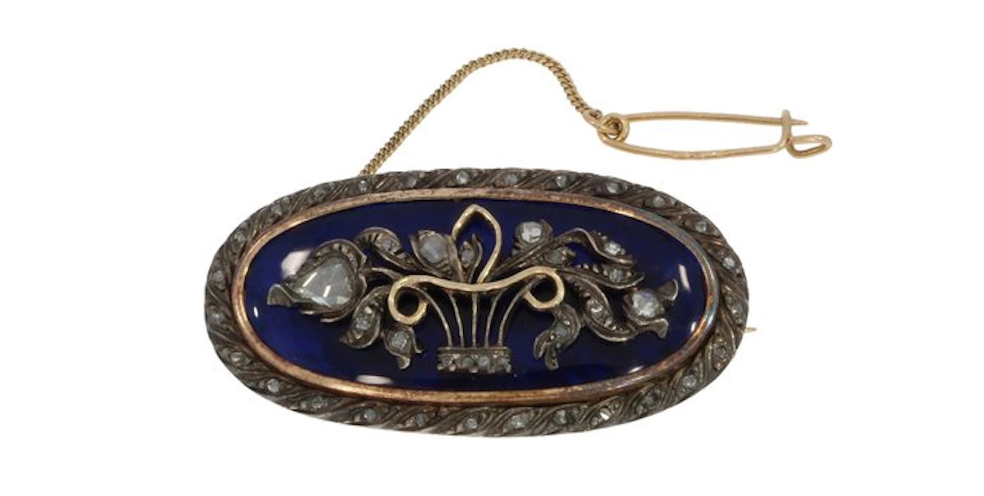 Brooch - 14 kt. Yellow gold Diamond (Natural) - Exclusive blue glass