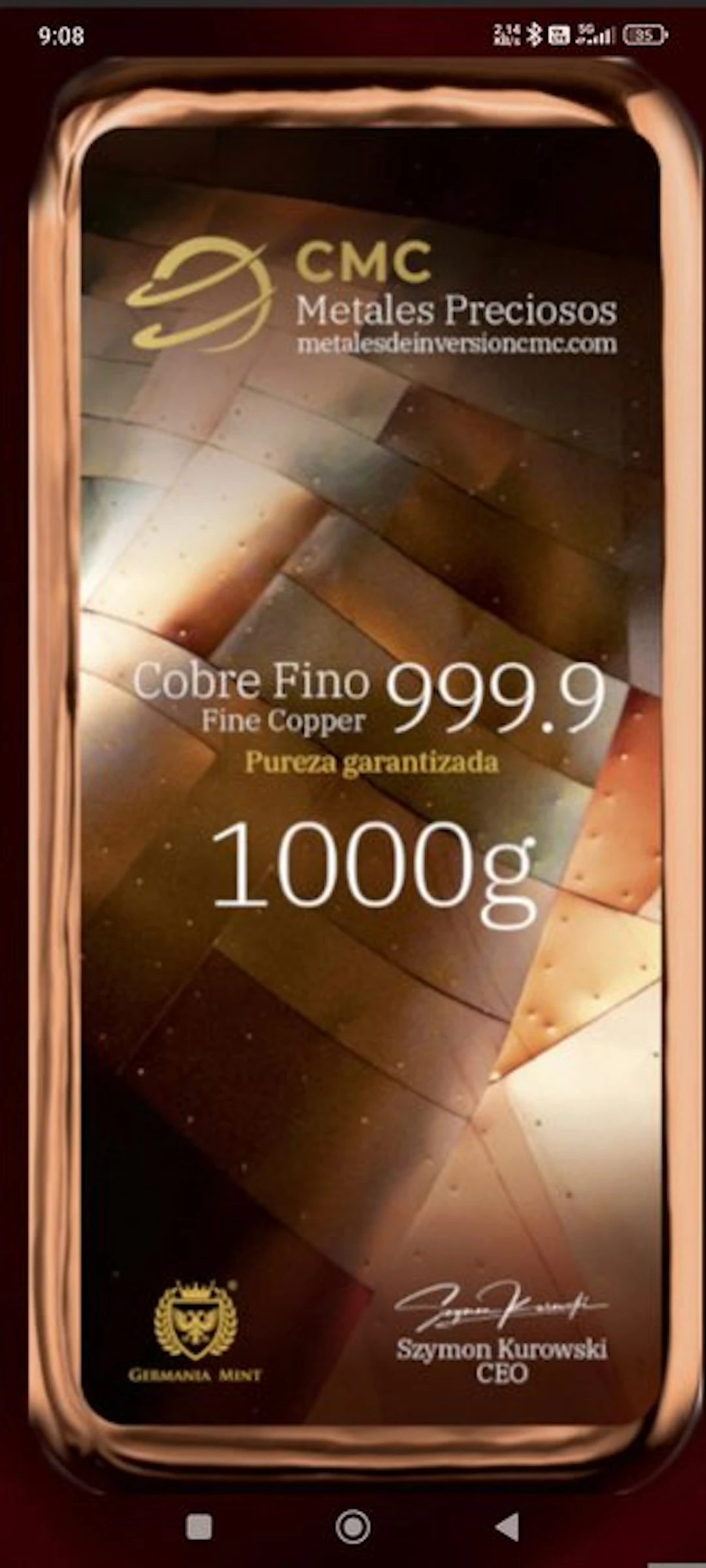 1 kilogram - Copper .999 - CMC Metales Preciosos - Sealed...