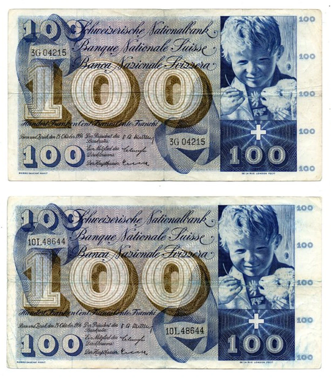 Switzerland. - 2 x 100 Franken 1956 - Pick 49a (No reserve price)