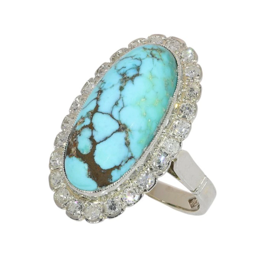 Ring - 18 kt. White gold - Diamond - Turquoise, Vintage 1950s