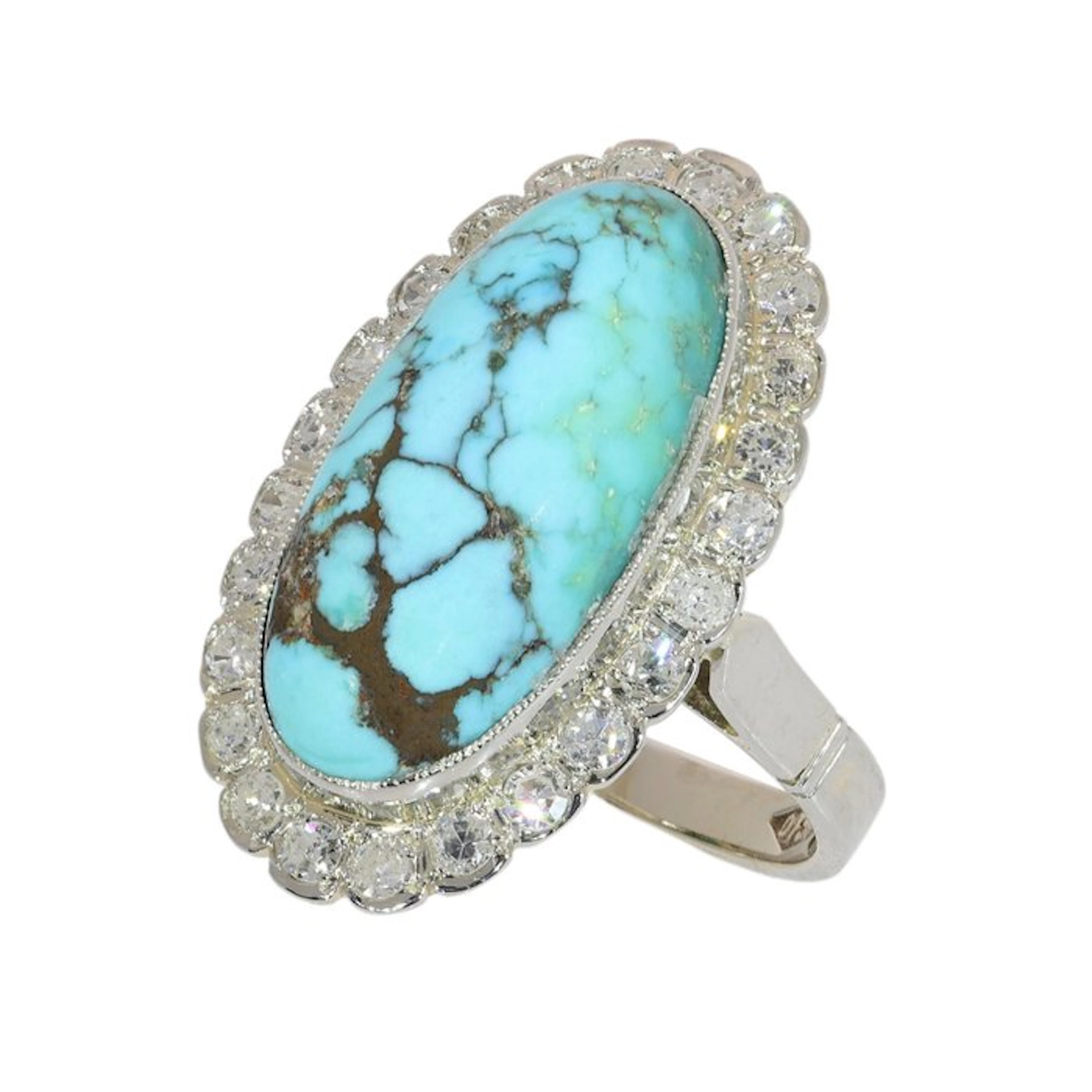 Ring - 18 kt. White gold - Diamond - Turquoise, Vintage 1950s