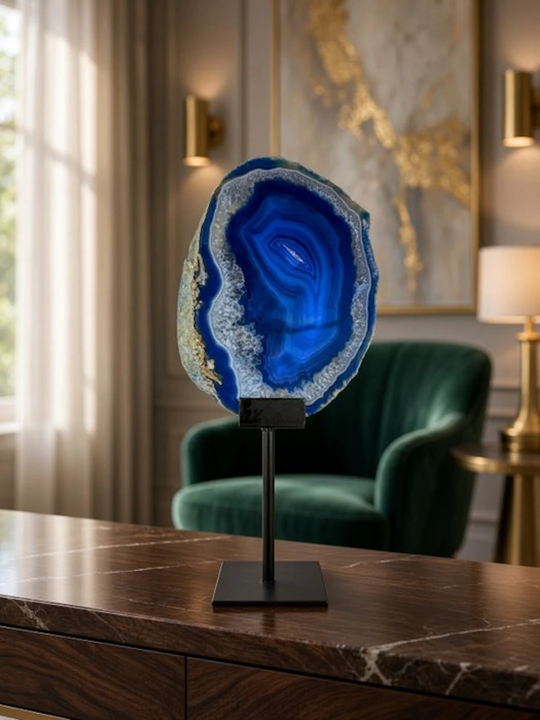 Unique color - large blue agate on stand Geode - Height...