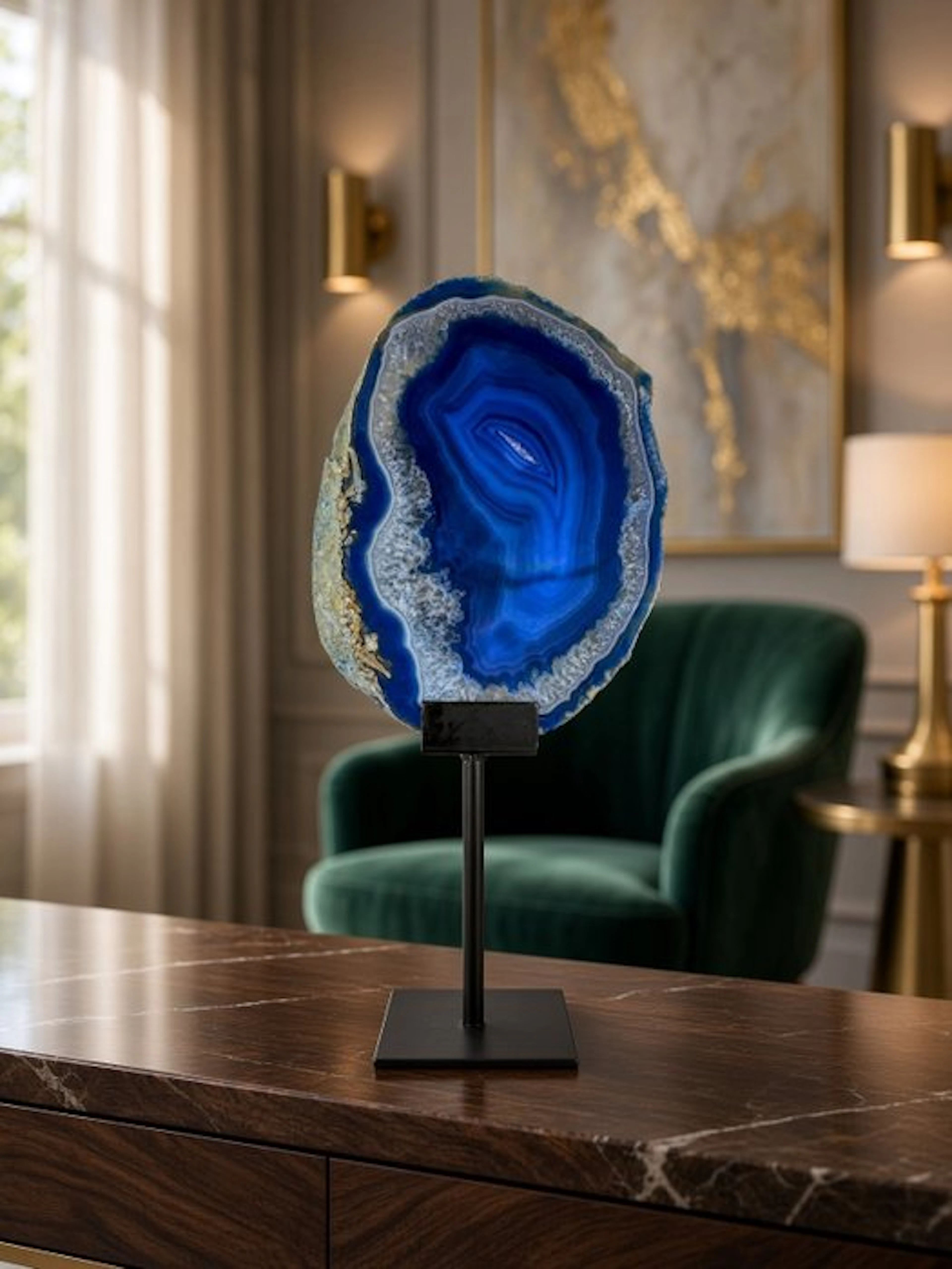 Unique color - large blue agate on stand Geode - Height...