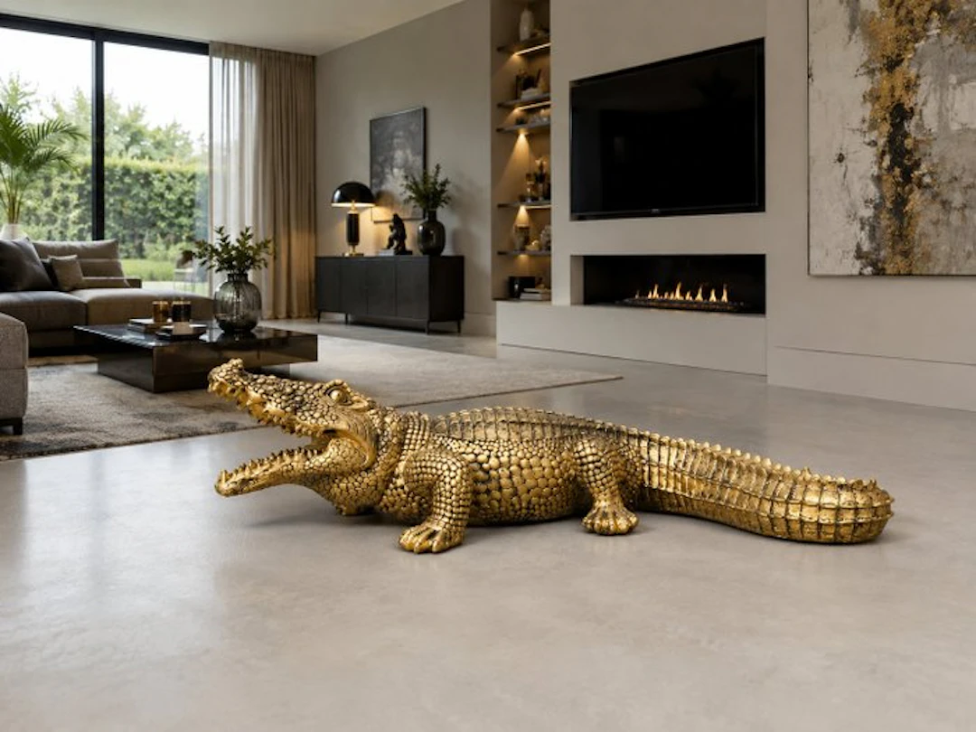 Statue, fine finish of crocodile in naturel color - 16 cm - polyresin