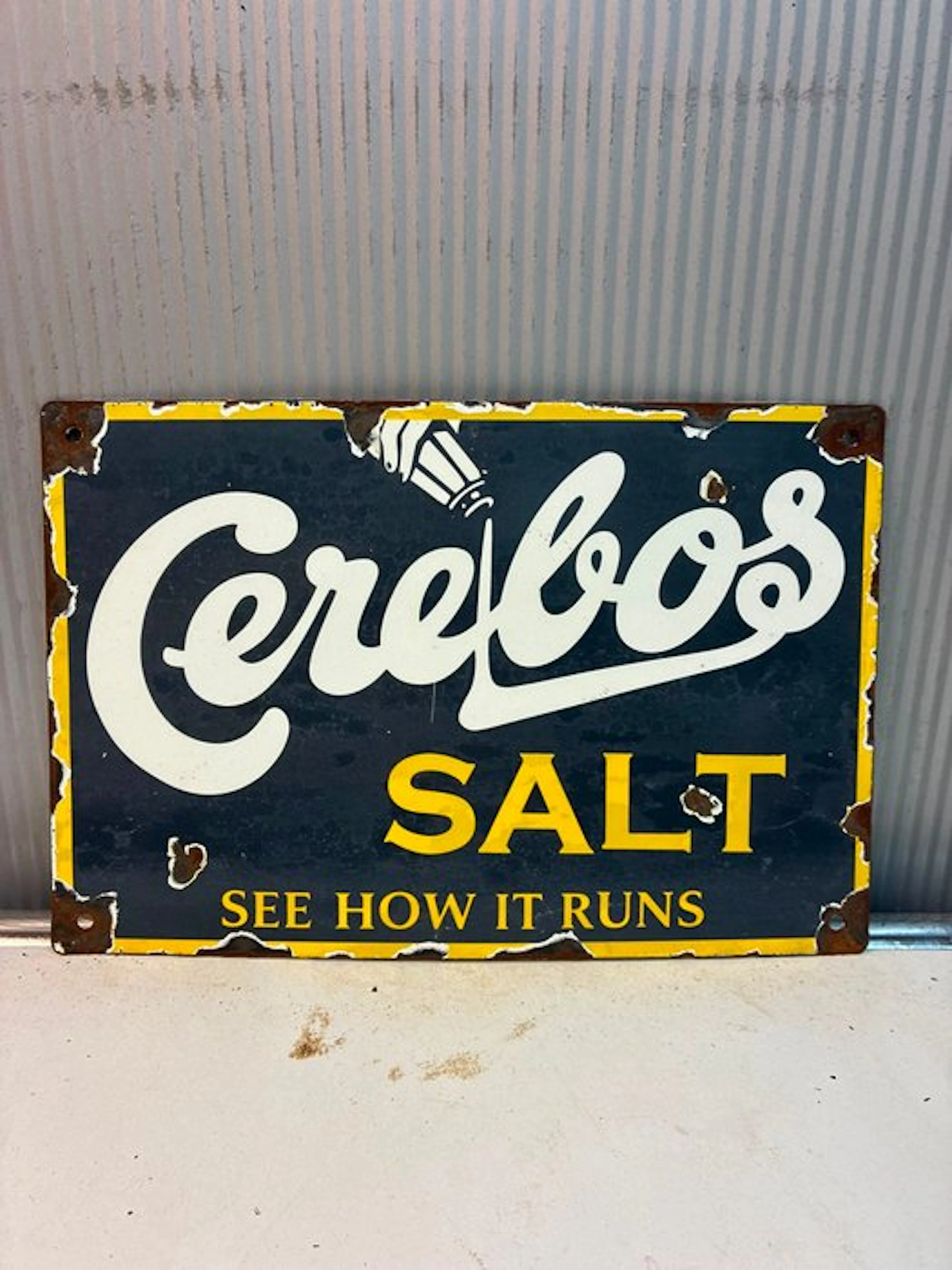 Cerebos Salt – See How It Runs – Emaille Reclamebord - Enamel sign - Enamel