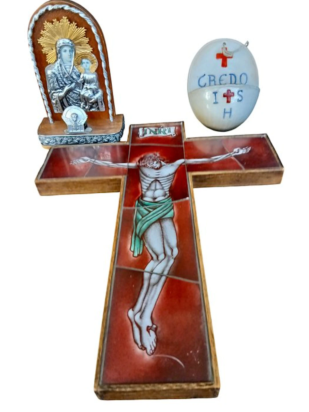 Set of 3 Christian items. (3) - Wood, Glass, Porcelain - 1950-1960