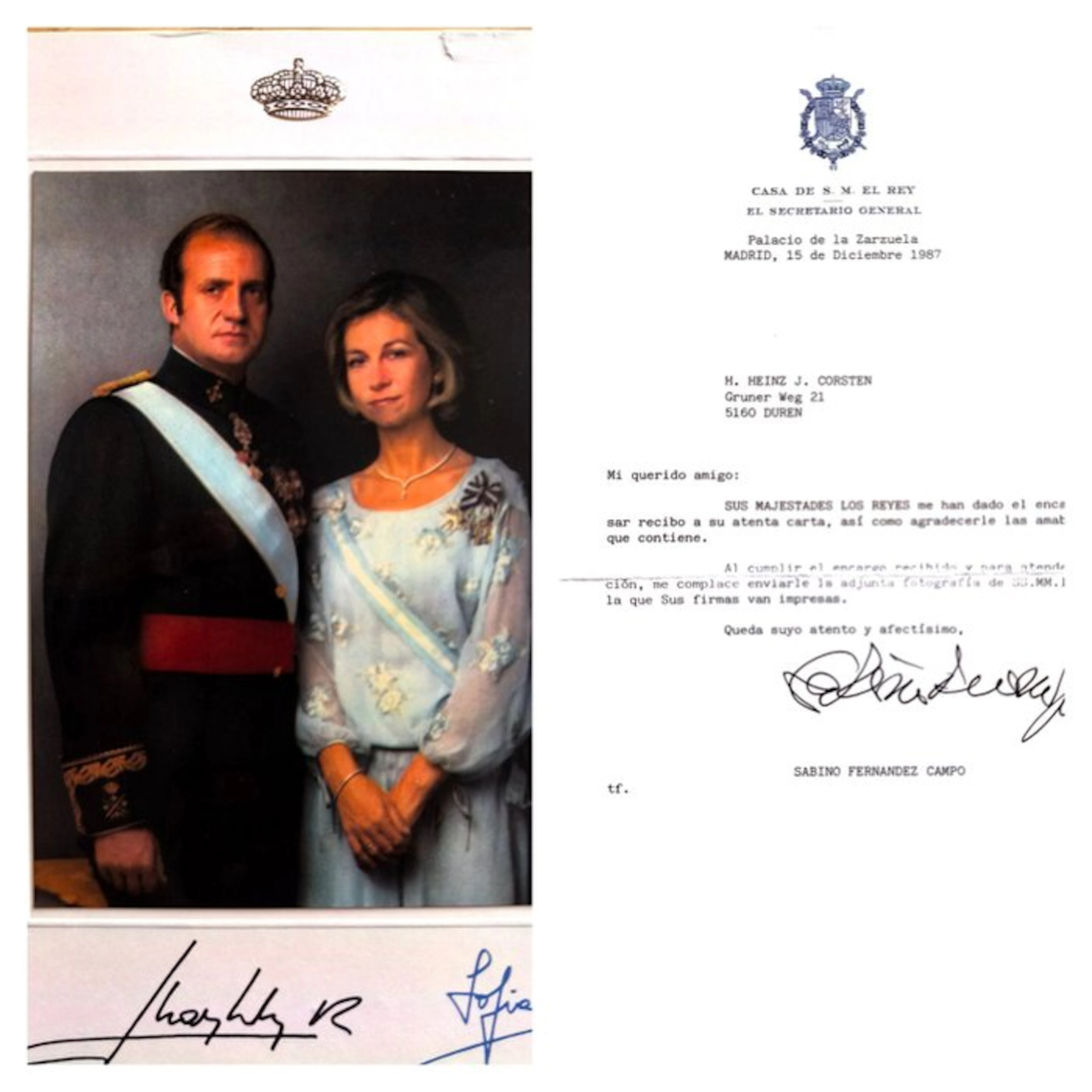 King Juan Carlos I + Queen Sofia - Signed Photo + Letter from 1987
