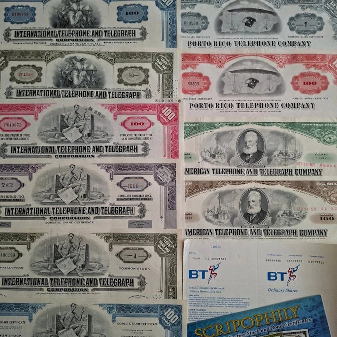 Document - 20 Historic Telephony & Telegraphy shares - 1906-1996 (USA