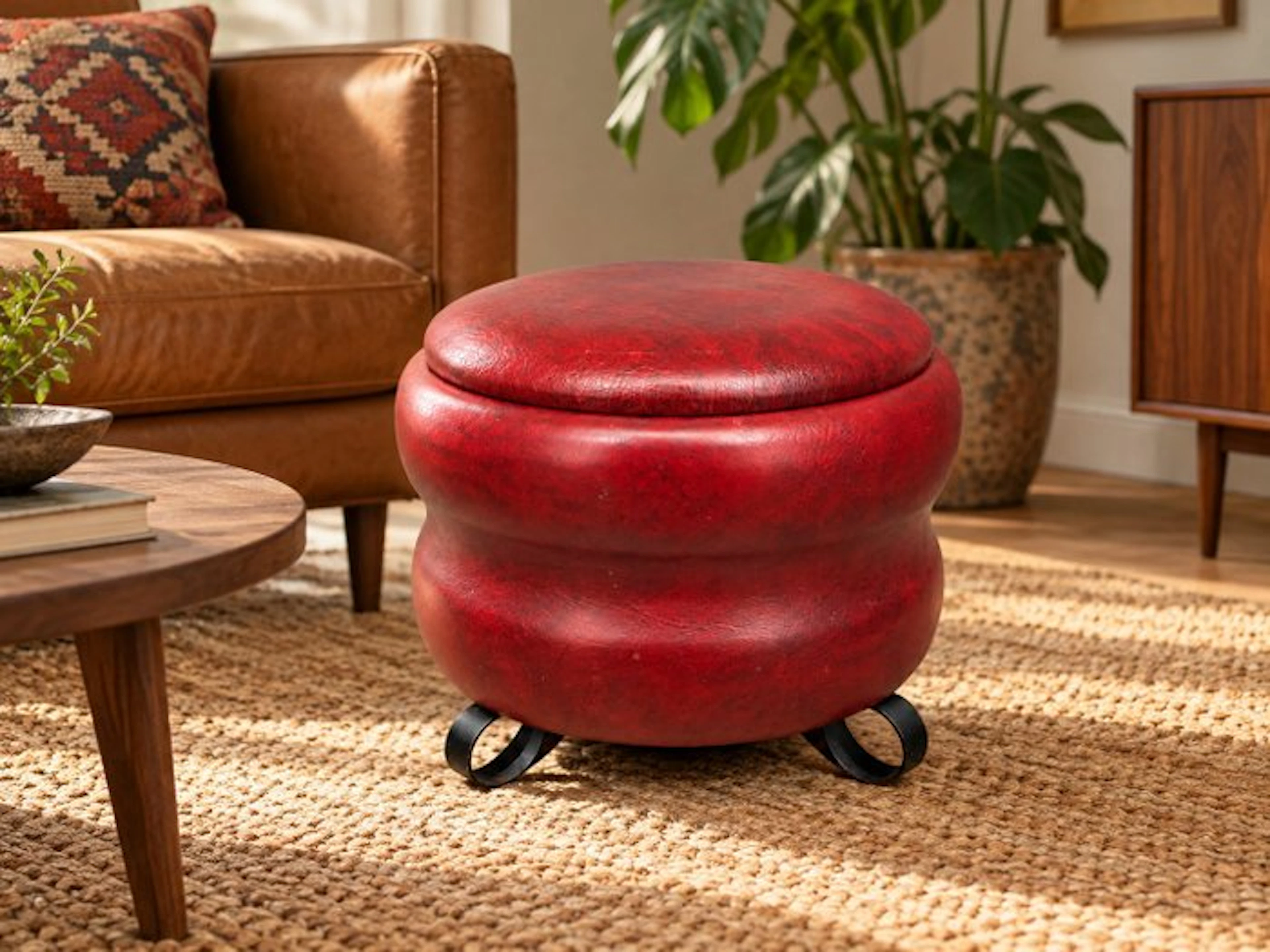 Pouffe - skai, Wood - Vintage red storage pouf
