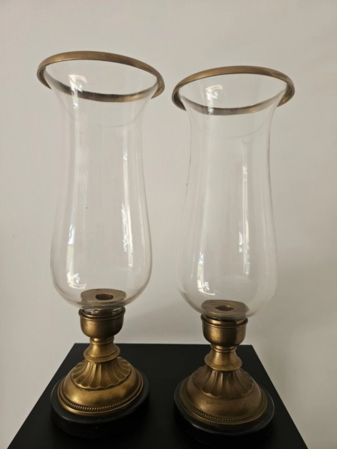 Pierre Deux - Candlestick (2) - Brass, Glass, Marble - Large Hurricane Lamps.