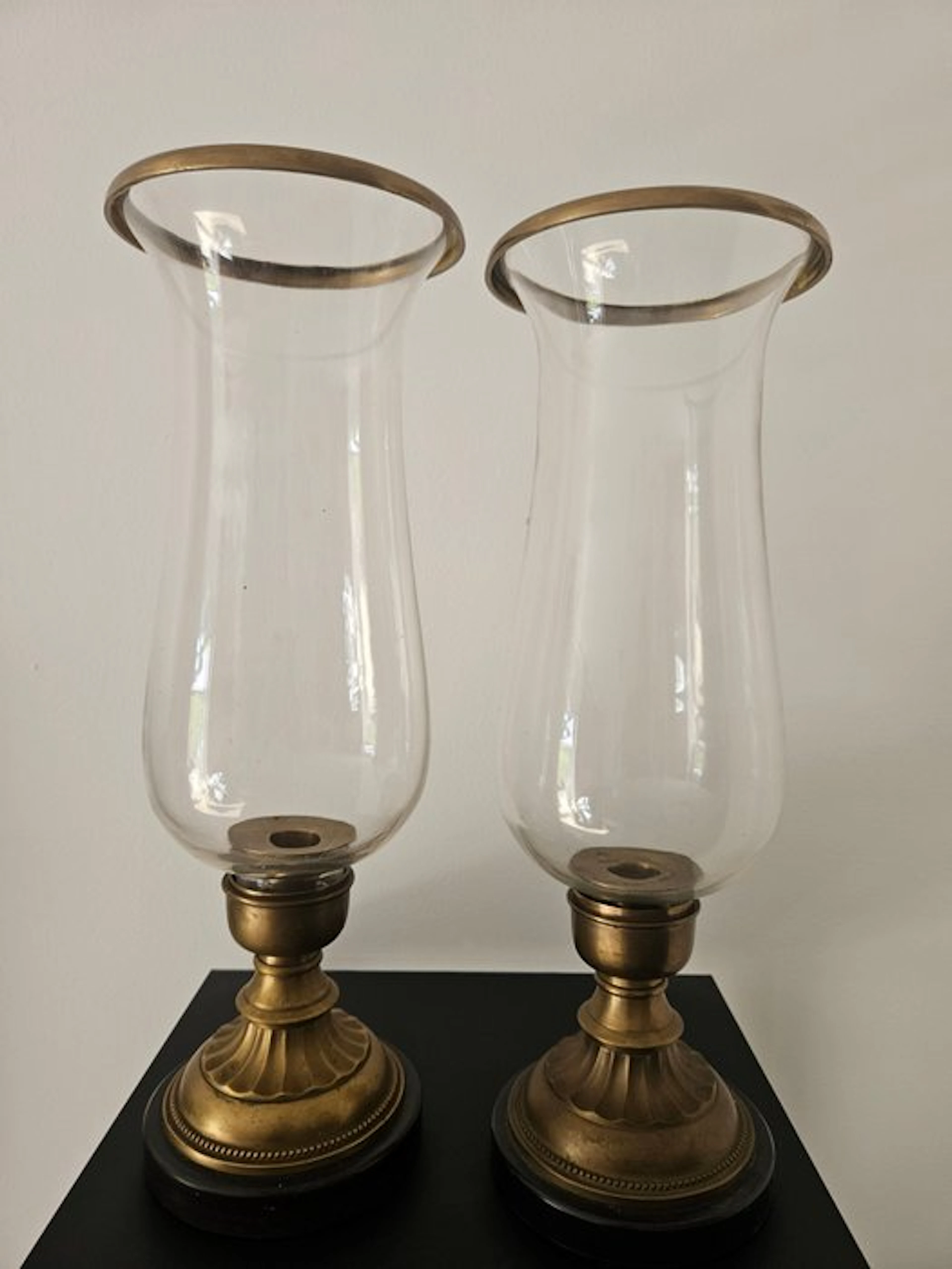 Pierre Deux - Candlestick (2) - Brass, Glass, Marble - Large Hurricane Lamps.