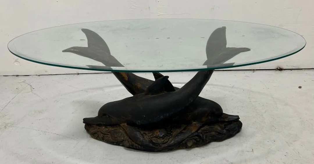 Coffee table - Glass - Two dolphins carrying a cut glass plate