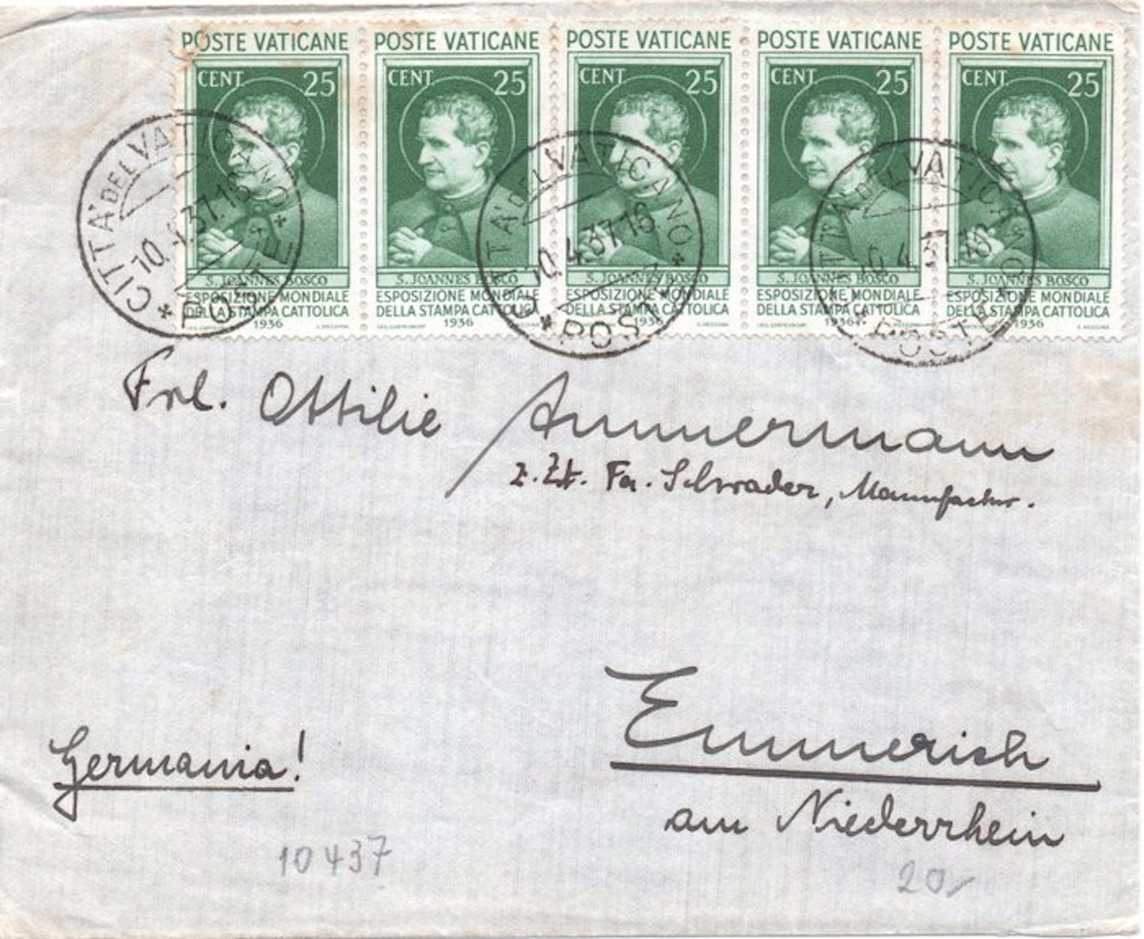 Vatican City 1937 - Letter mailed at the tariff rate for Germany.