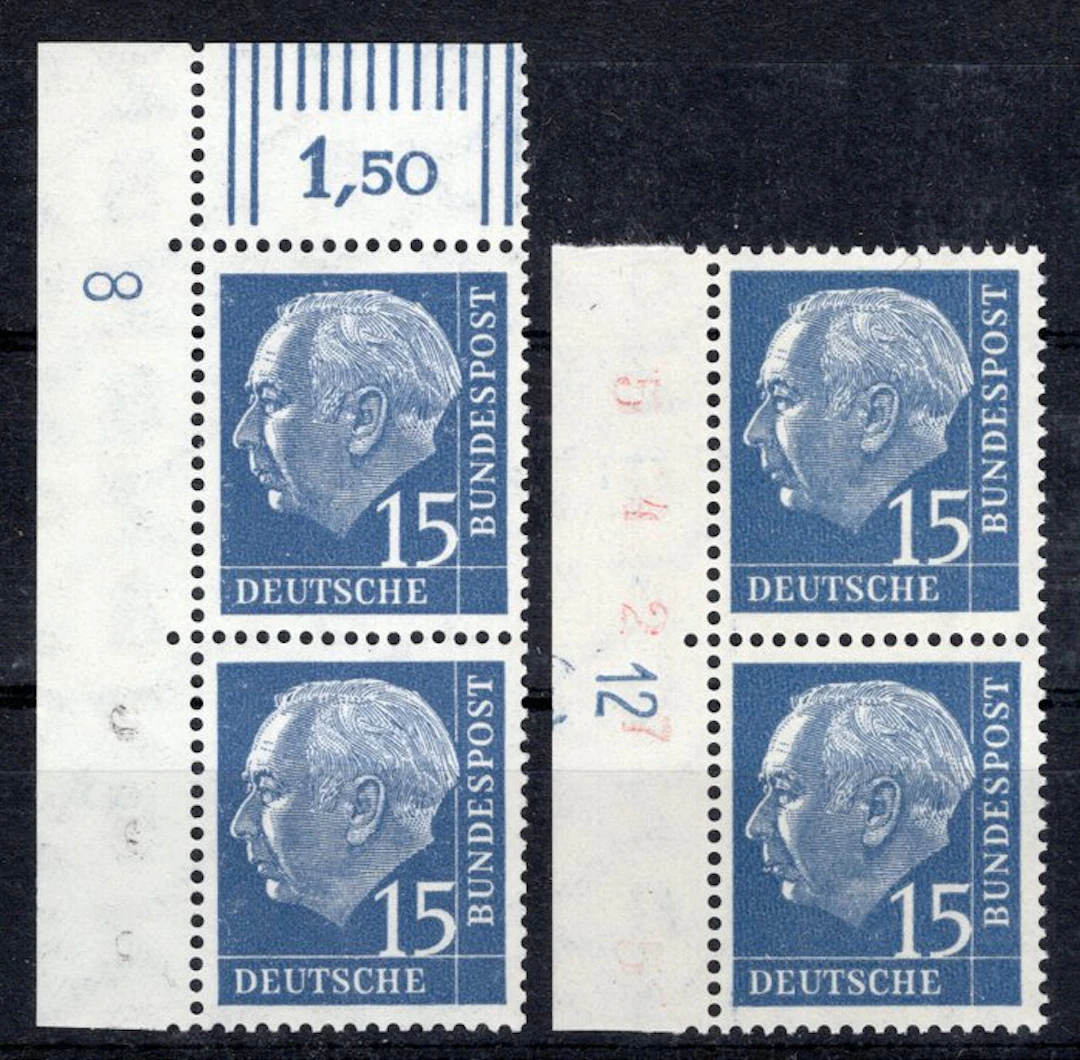 Tyskland, Förbundsrepubliken 1954 - Heuss 15 Pf. med och utan fluorescens, med tryckmärken. - Michel 184 x, y DZ
