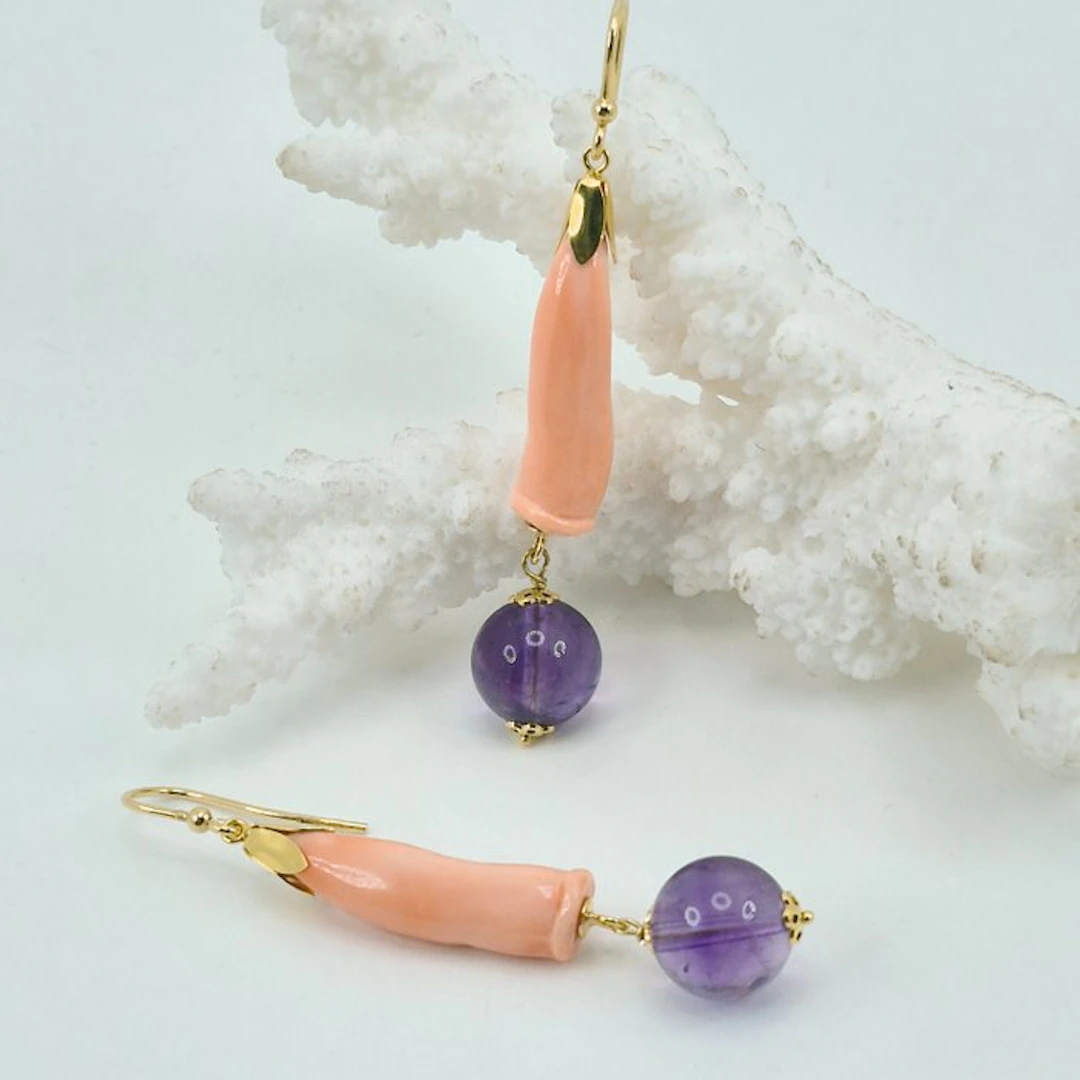 Coral - Silver, Gold-plated - Earrings - Pink Amethyst Coral