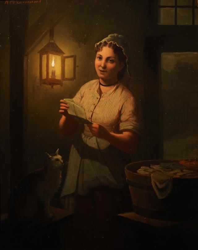 Wilhelmus Jacobus Kerremans (1828-1889) - Brieflezende dame bij lantaarnlicht