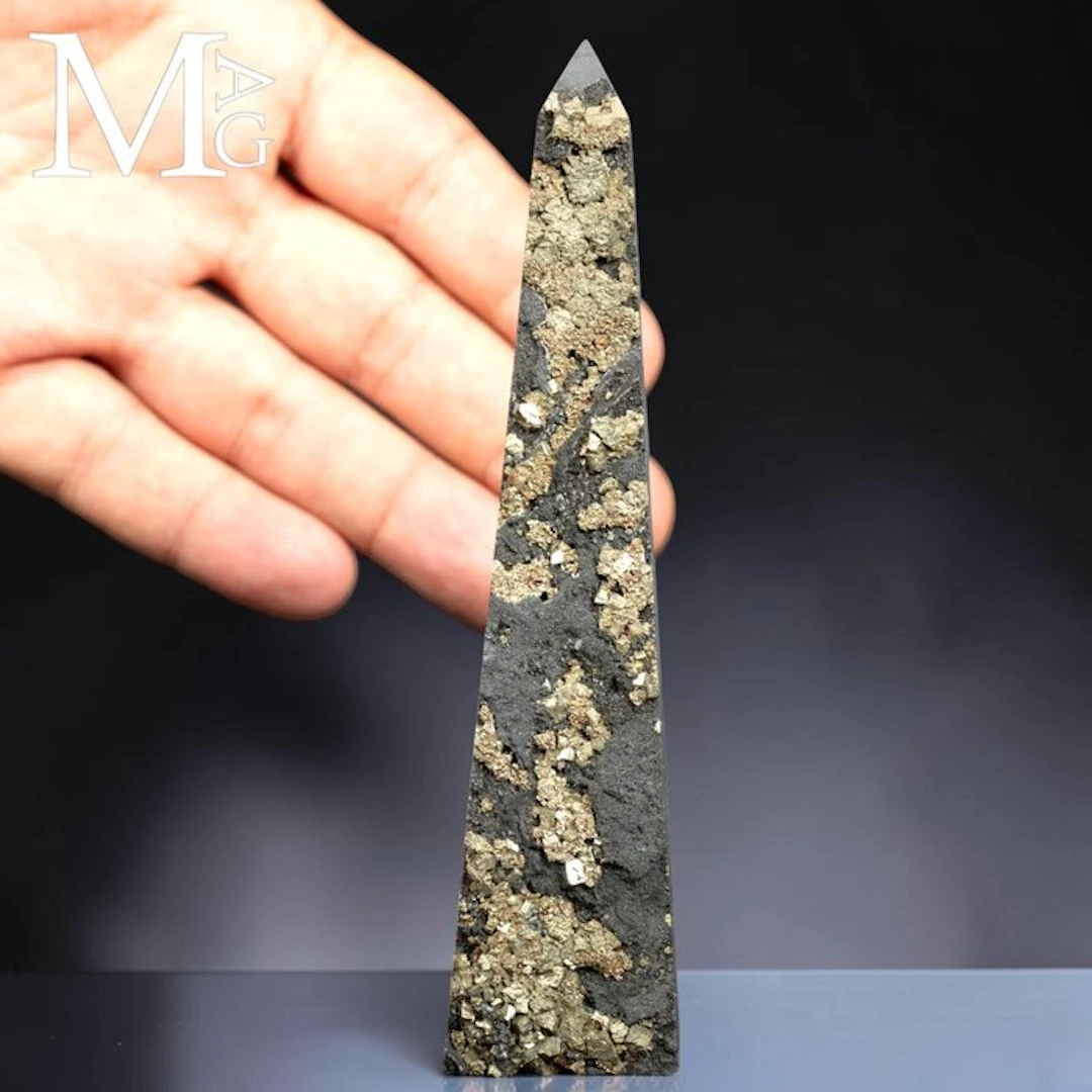 Cubic Pyrite on Slate Matrix Obelisk - Fascinating...