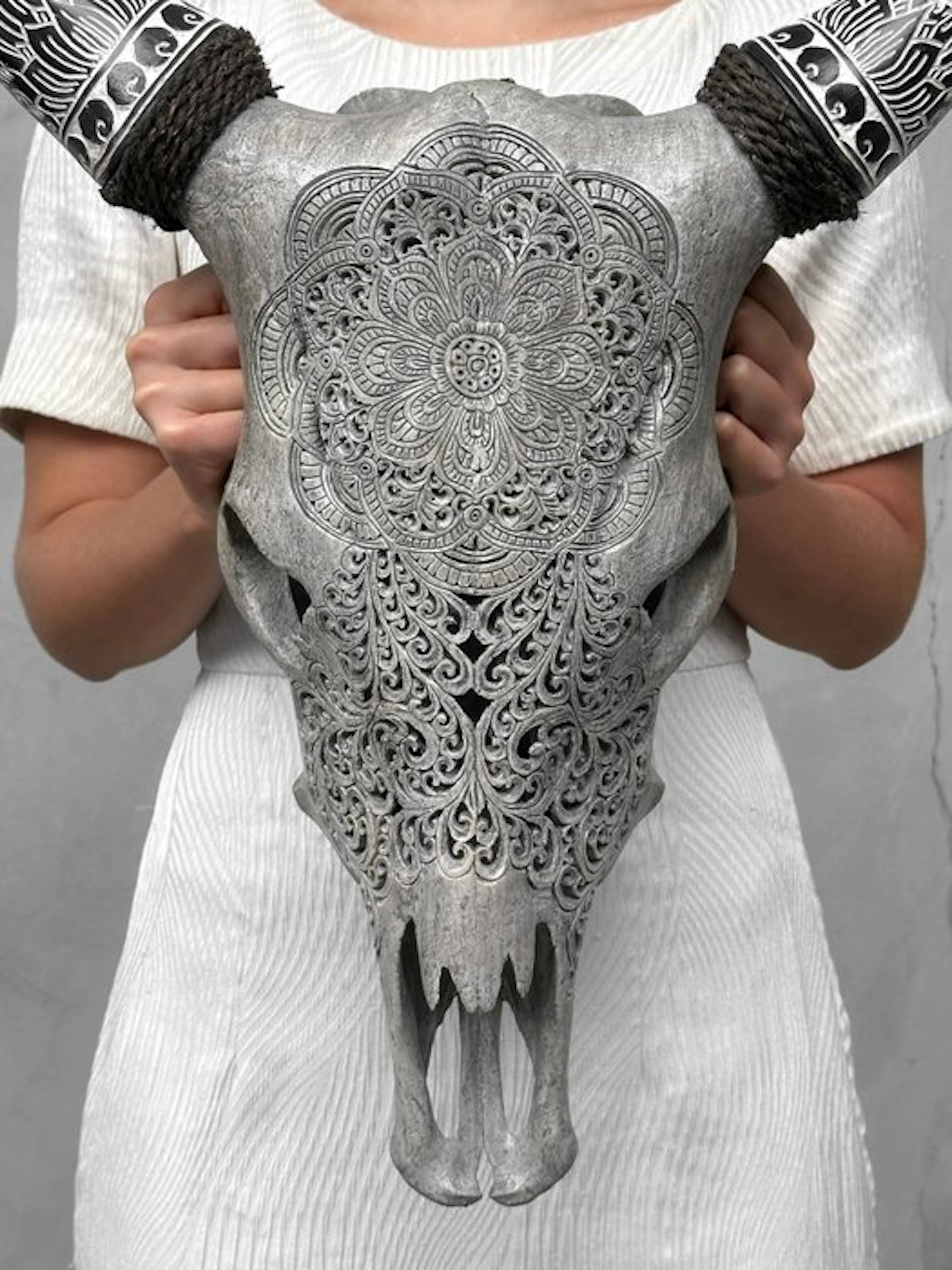 NO RESERVE PRICE - Stunning Grey Carved Cow Skull with...